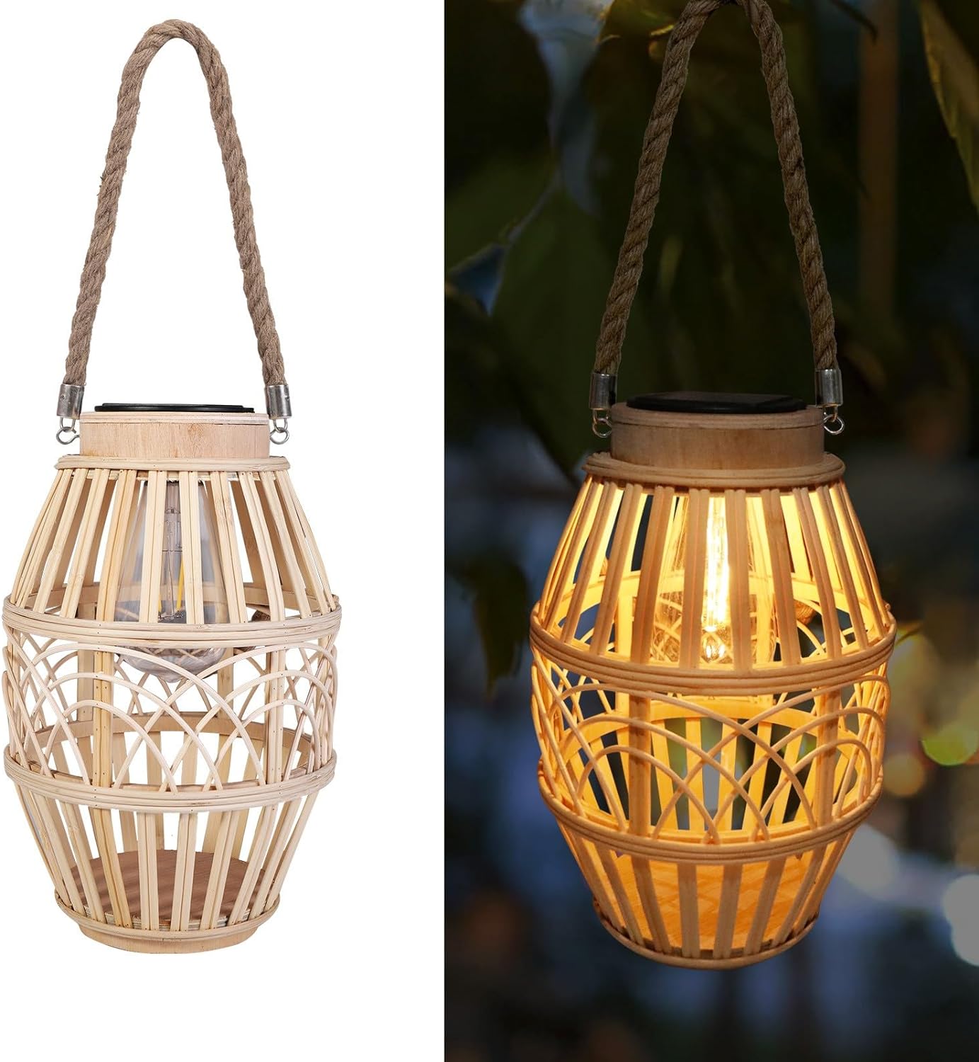 Rattan Natural Outdoor Solar Lantern with Handle for Patio, Yard, Garden, Wedding, and Home Decoration; Edison Bulb, Auto On/Off (Style 3)