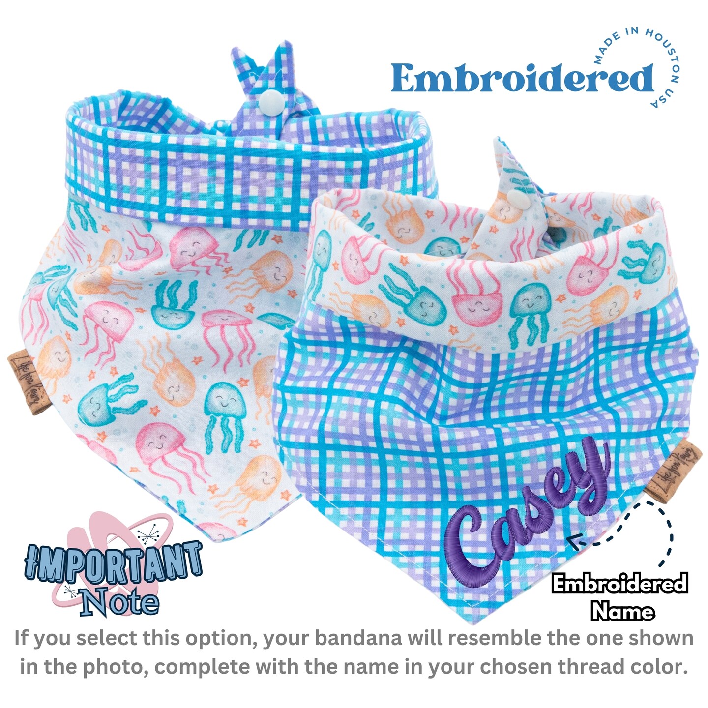 Personalized Summer Dog Bandana - Jellyfish Blue Plaid Reversible Dog Bandana - Custom Pet Bandana with Name Embroidery - Dog Mom Gift product 3