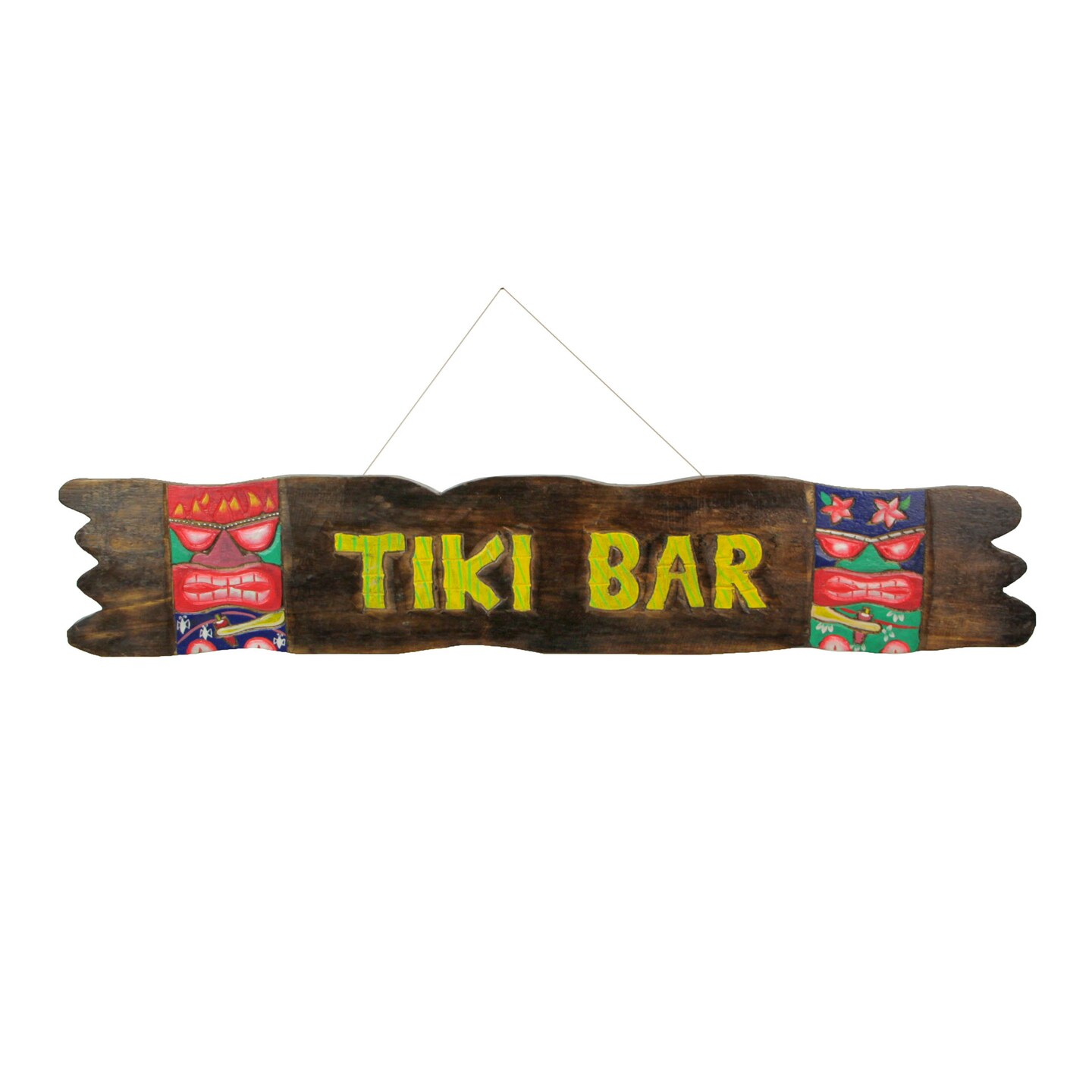 39-Inch Hand-Carved Wooden Tiki Sign with Rope Hanger - Beachy Decor
