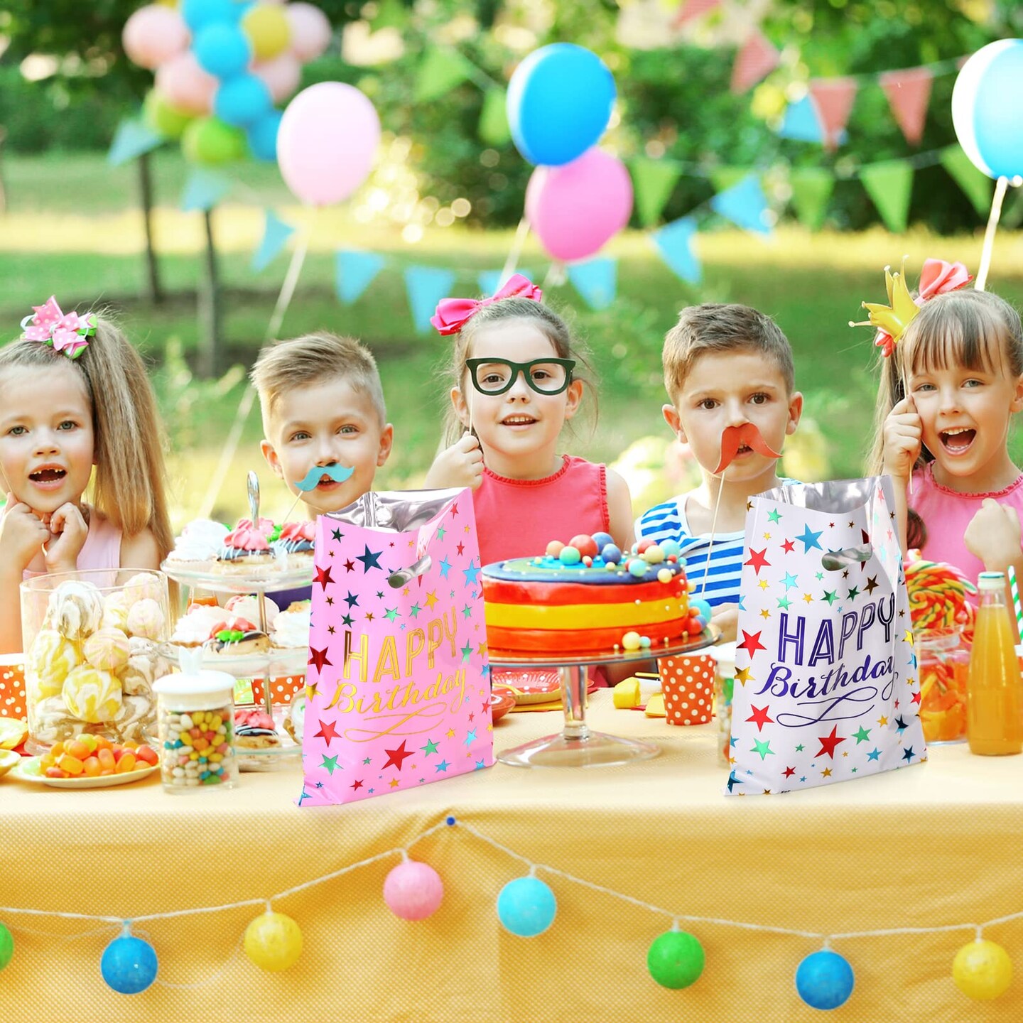 40 Pieces Medium(6.7 * 9.8inch) Happy Birthday Party Favor Bags Plastic Goodies Loot Bags Bulk for Kids Baby Girls &#x26; Boys Birthday Return Gift (B Style 40 Packs)