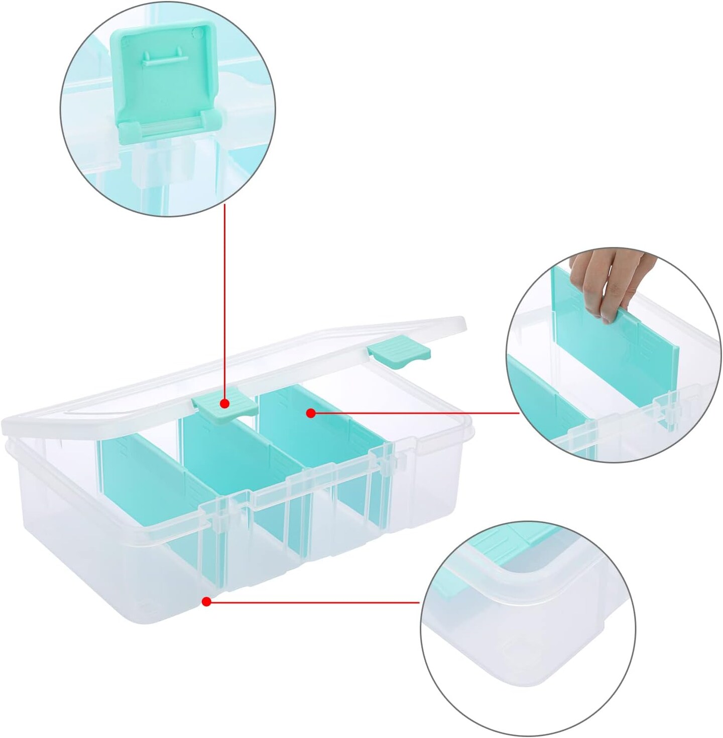 Clear Plastic Dividing Storage Box with 4 Compartments Adjustable Storage Bin with Lid Plastic Craft Storage Container Multipurpose Sewing Box Art Supply Organizer, 13.3x8.1x3.4 Inches