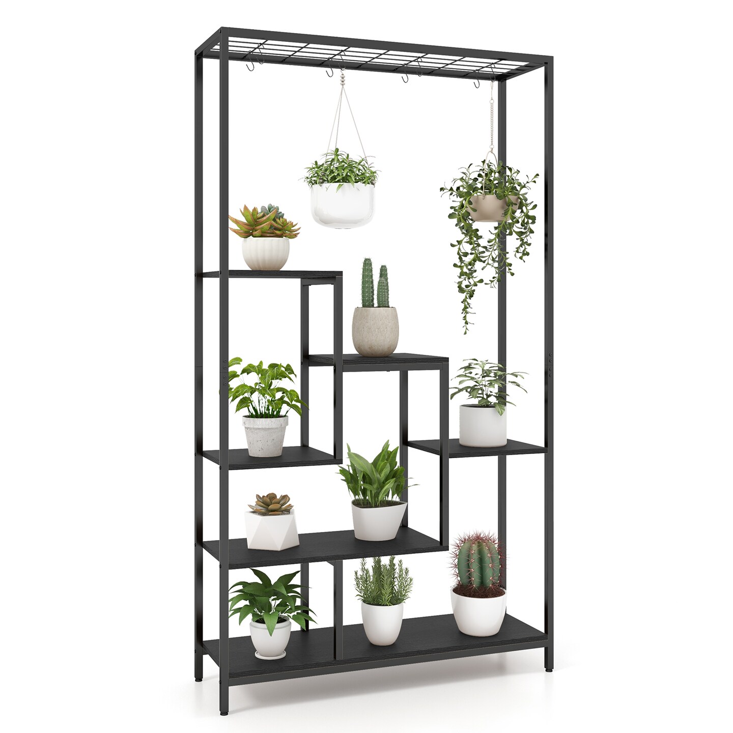 6-tier Tall Plant Stand 71" Metal Indoor Plant Shelf With 10 Hanging Hooks