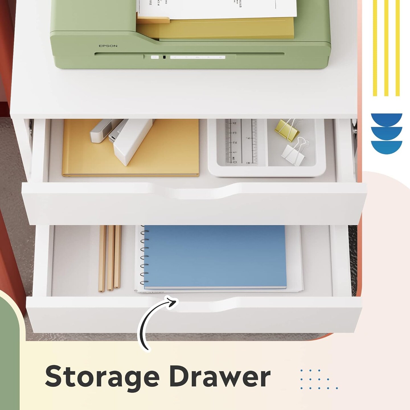 5-Drawer Chest, Wood Storage File Cabinet with Wheels, White