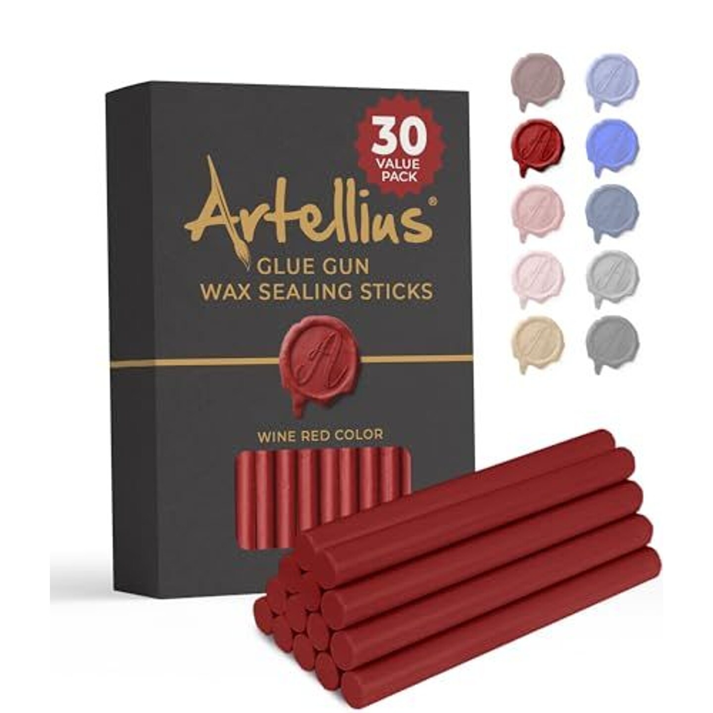 Artellius Premium Sealing Wax Sticks (Bulk 30 Pack) Wax Seal Glue Gun Sticks, Envelope Seal Wax for Stamp Seals - Perfect Wax Seal Sticks for Crafting, Invitations &#x26; Letters - Red Wine