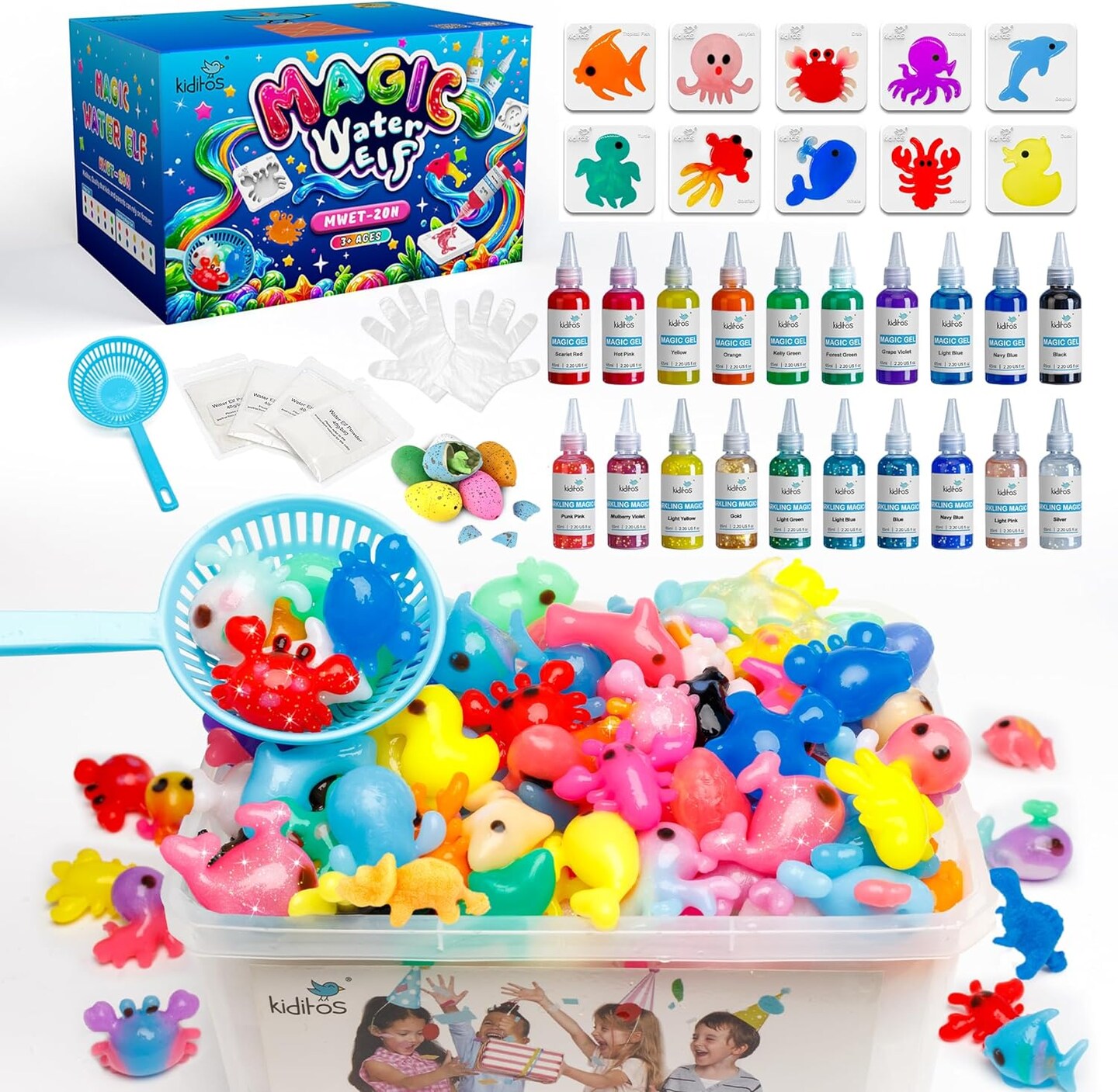 20 Colors New Magic Water Elf Toy Kit, Aqua Fairy Water Gel Kit with 10 Colors Sparkling Magic Gel, 10 Colors Magic Gel, 6 Animal Molds, 6 Dinosaur Egg Toys, and Birthday Gifts Crafts and Art Kit for Kids