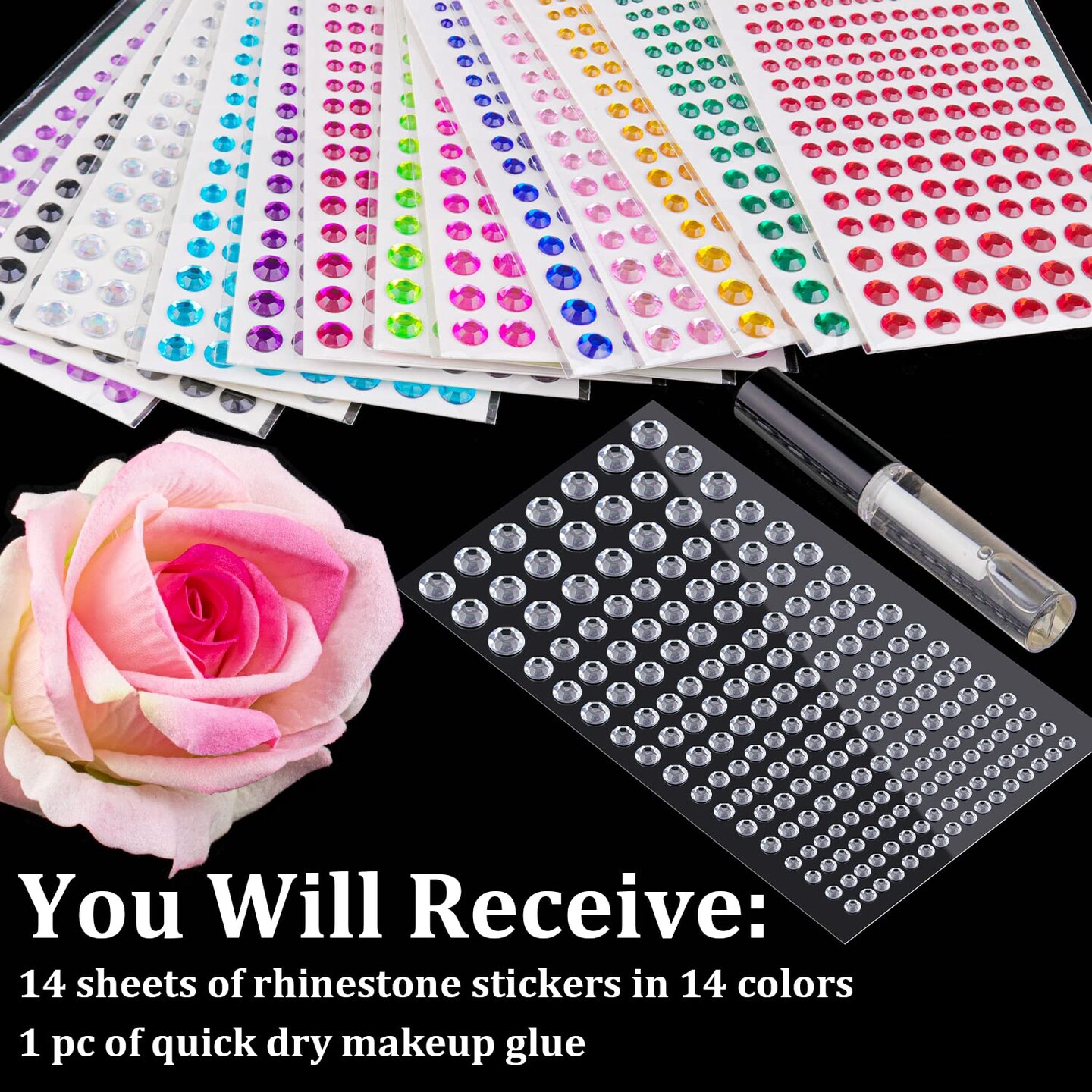 2758 Pieces of Rhinestone Stickers 3/4/5/6/8mm with 14 Colors Self Adhesive Face Gems, Stick on Body Crystal Jewels with Quick Dry Makeup Glue for Face Eye Hair Nails Make up and Craft DIY Decorations