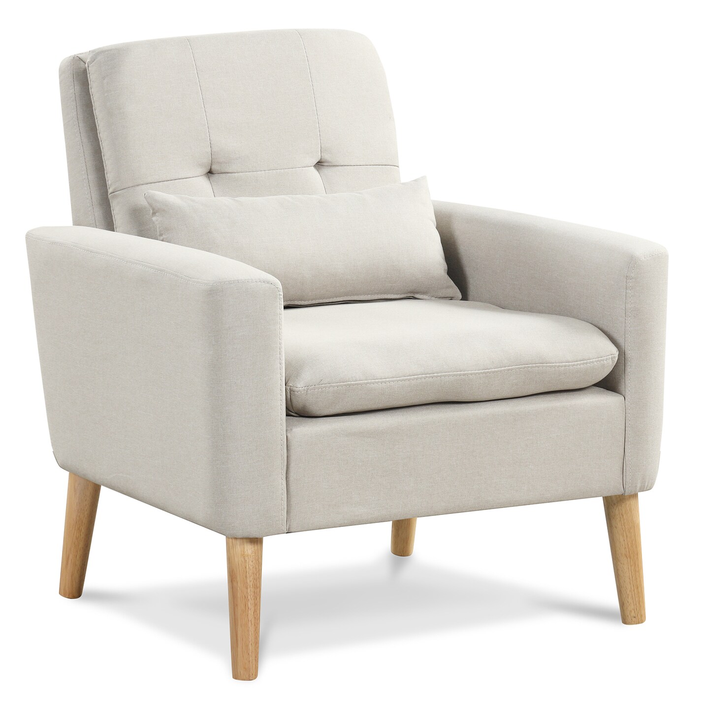 Accent Chair With Lumbar Pillow  Natural Rubber Wood Legs  Padded Cushions-beige