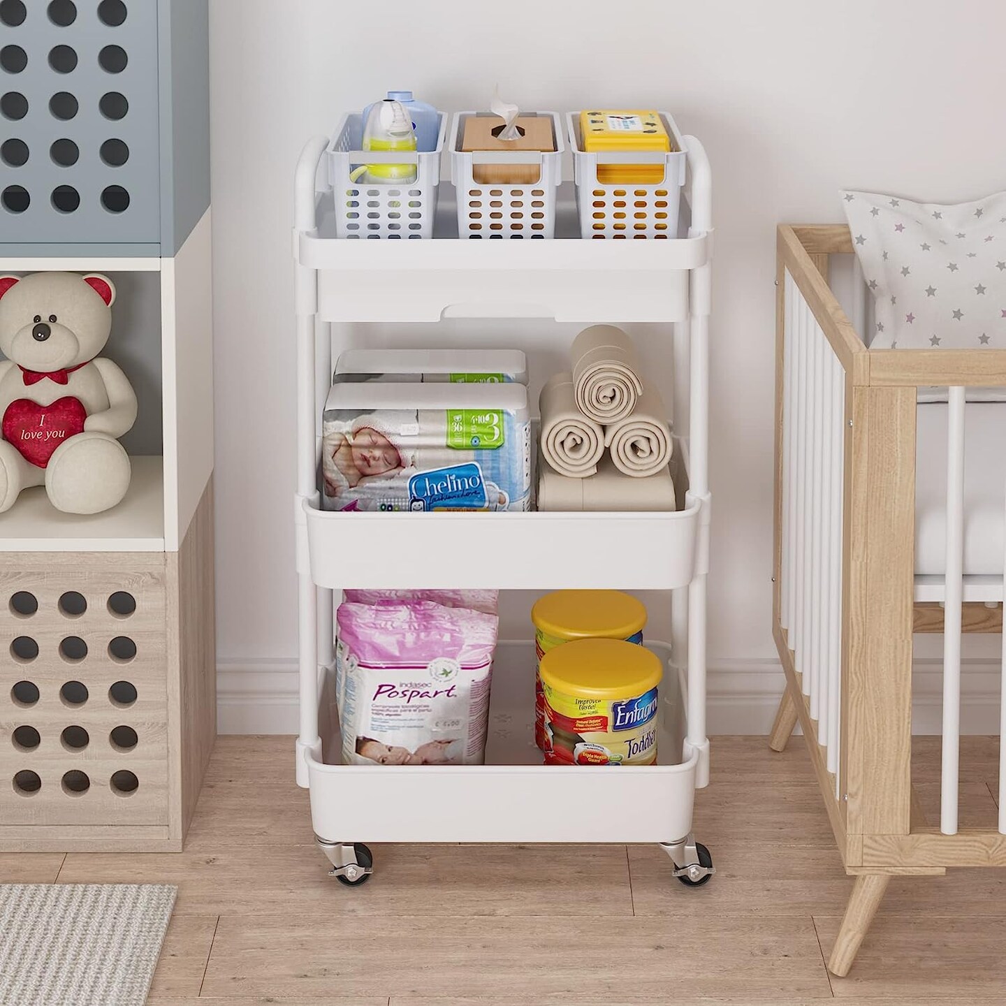 3-Tier Rolling Utility Cart with Drawer,Multifunctional Storage Organizer with Plastic Shelf &#x26; Metal Wheels,Storage Cart for Kitchen,Bathroom,Living Room,Office,White