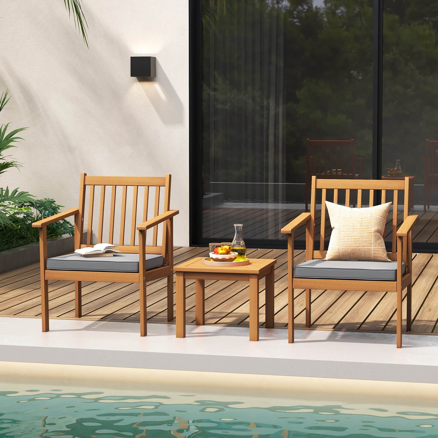 3 Pieces Patio Wood Furniture Set With Soft Cushions For Porch