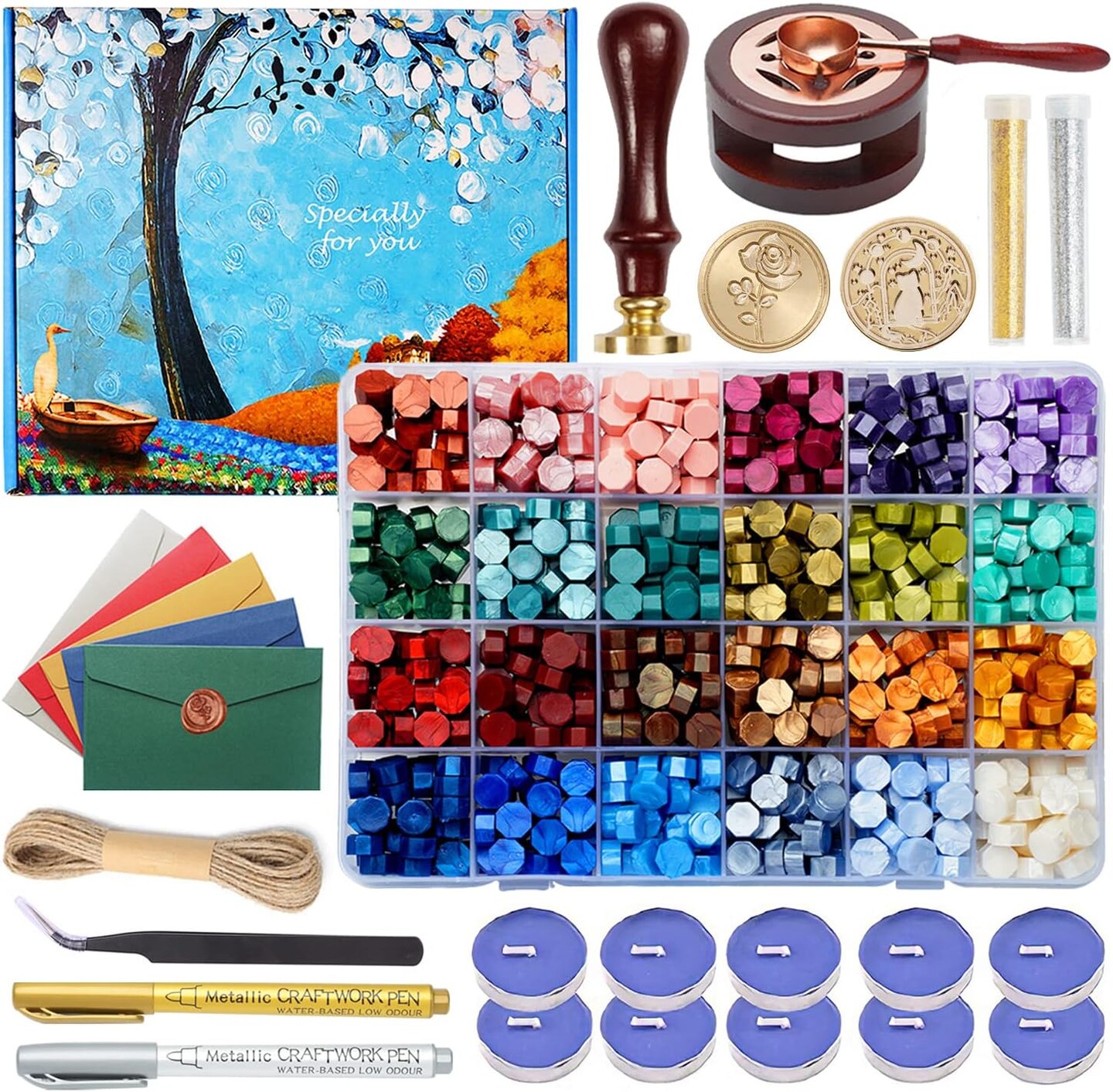 Wax Seal Kit with Gift Box, 624 Pcs Wax Seal Beads with 2 Pcs Wax Seal Stamps, Sealing Wax Warmer, Wax Seal Metallic Pen, Envelope, Candles, Wax Seal Stamp Kit for Gift and Craft
