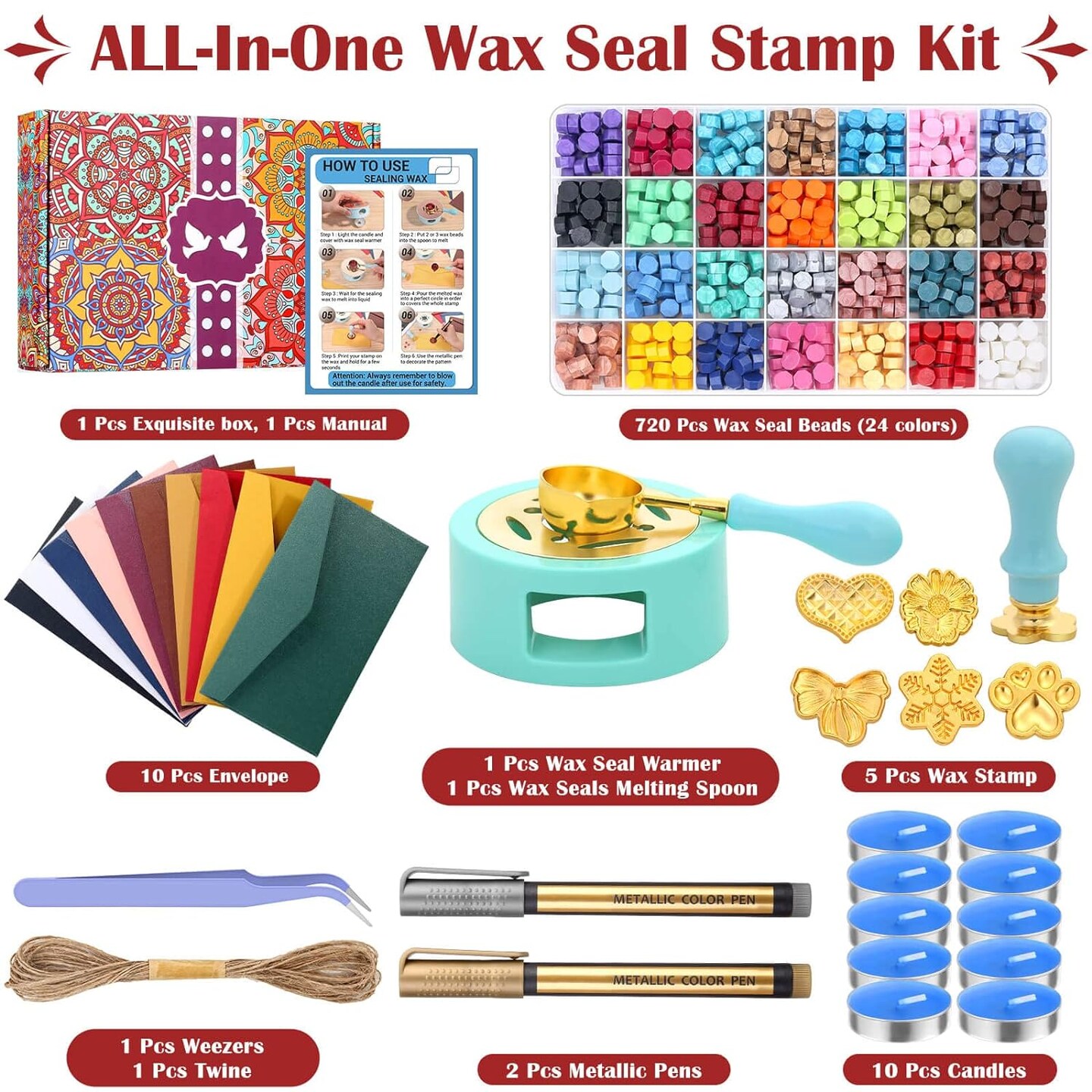 Upgraded Wax Seal Stamp Kit, Anezus 790pcs Sealing Wax Kit with Wax Seal Beads, Wax Stamp, Wax Warmer, Vintage Envelopes, and Gift Box for Letter Sealing, Invitation Cards, Craft Decoration