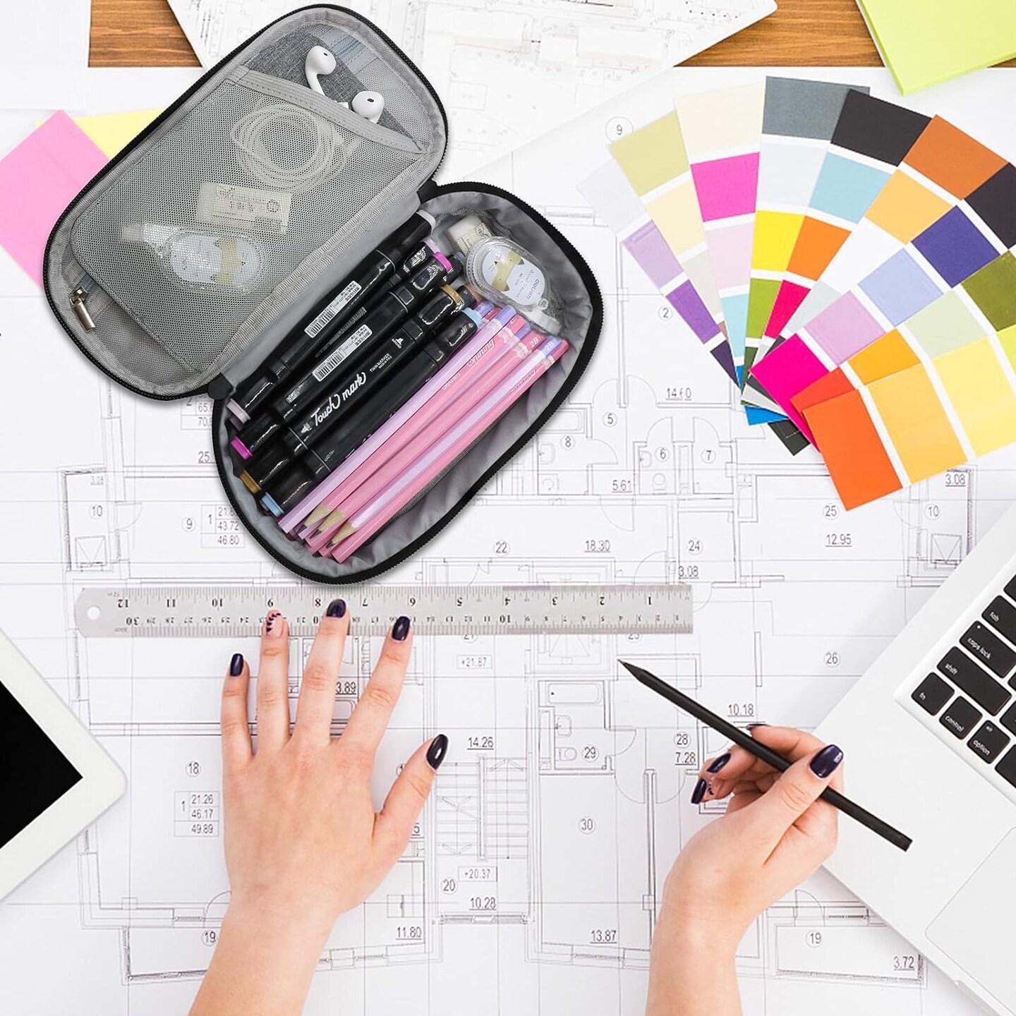 Pencil Case Dual Zipper Pencil Pouch Pen Box, School Supplies for Boys Adults, Grey