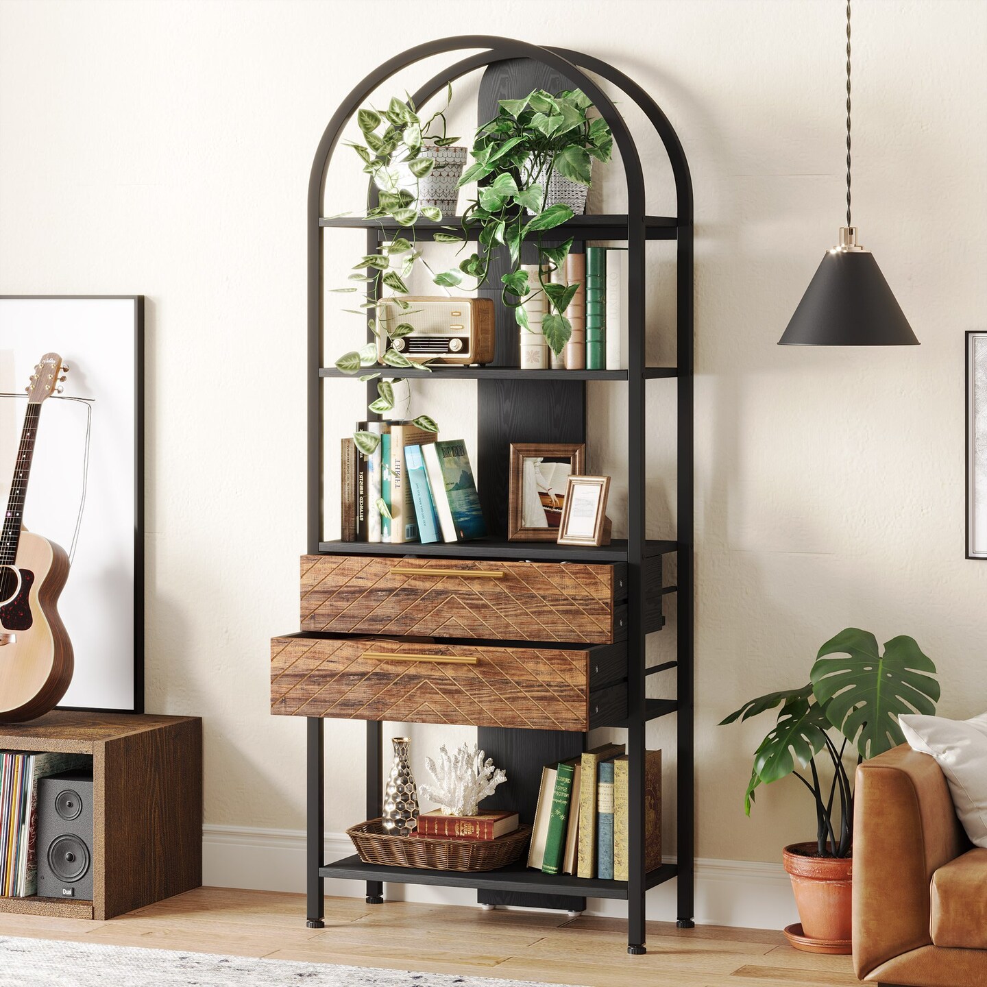 Tribesigns 4-Tier Bookshelf Black Industrial 70.8&#x22; Tall Storage Shelf With Drawers