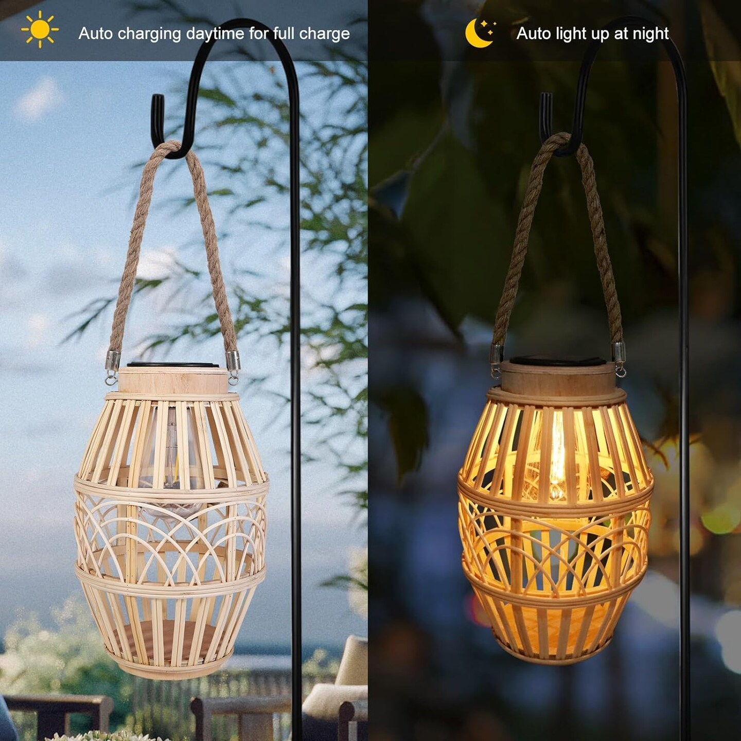 Rattan Natural Outdoor Solar Lantern with Handle for Patio, Yard, Garden, Wedding, and Home Decoration; Edison Bulb, Auto On/Off (Style 3)
