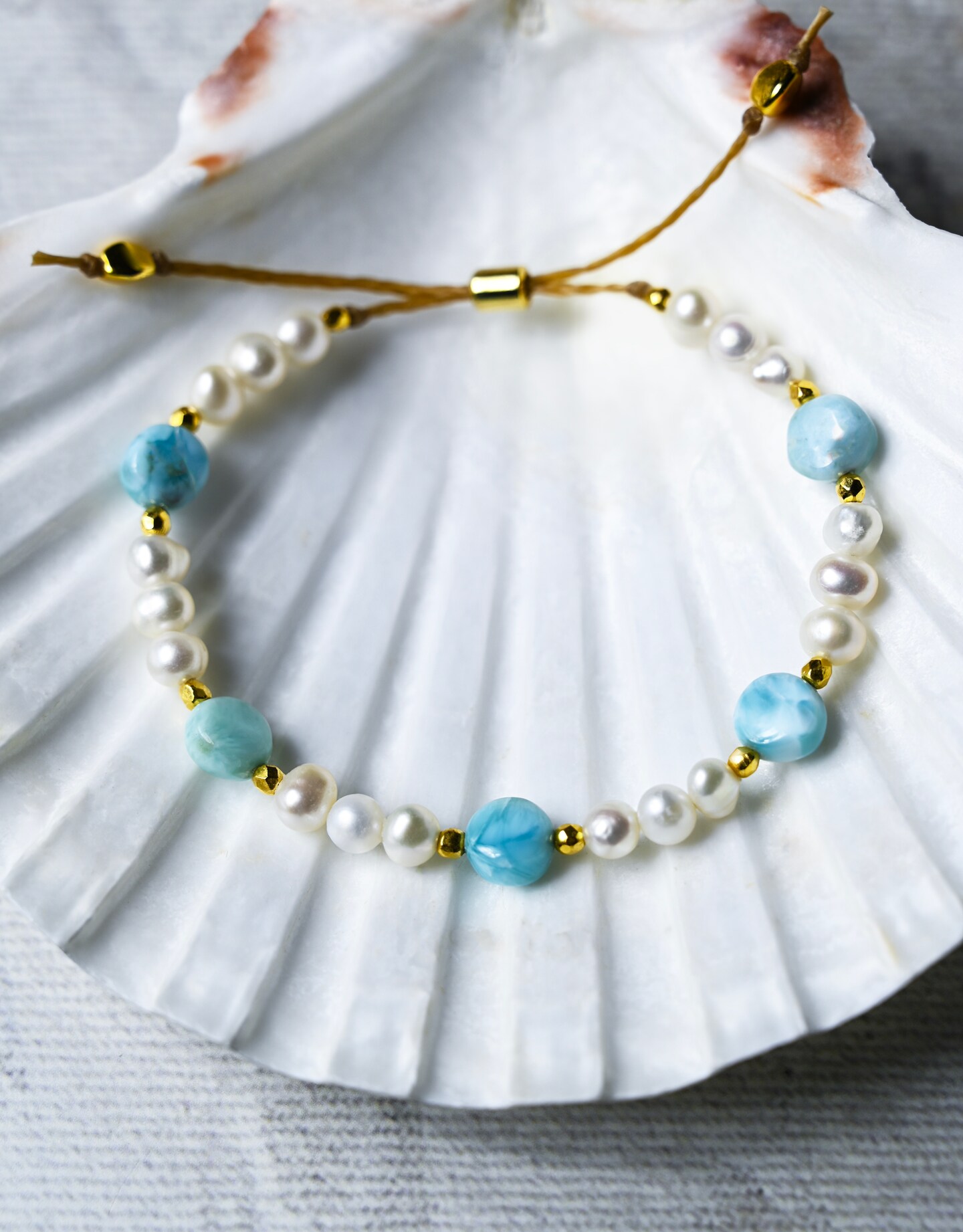 Freshwater Pearl and Light Blue Larimar Beaded Beach Bracelets for