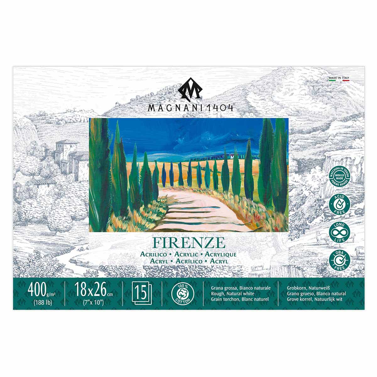 Magnani 1404 Firenze 100% Cotton Acrylic Paint Paper Pad, 188 lb. 15 Heavyweight Sheets, Rough Texture, Vegan Sizing, Natural White Acrylic Paper Pad for Acrylic, Gouache, Ink & Watercolor