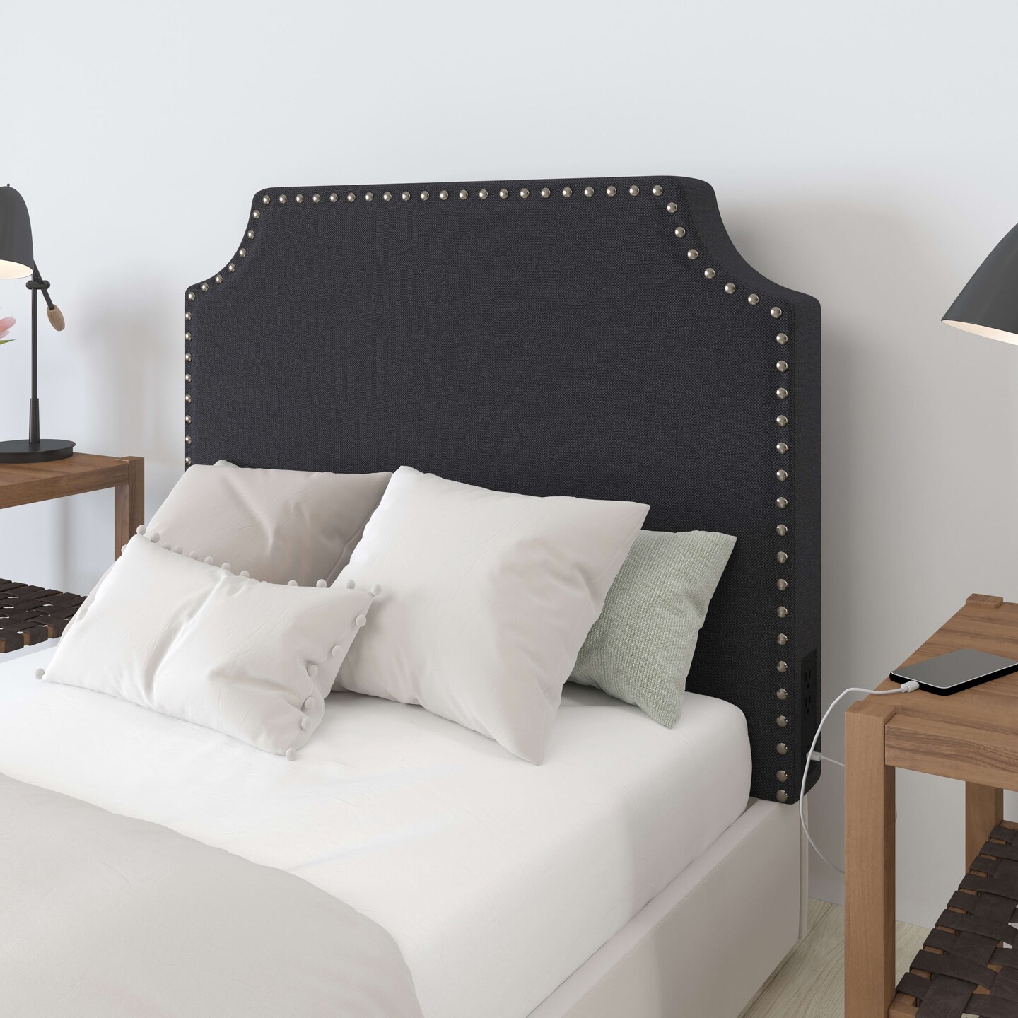 Merrick Lane Ribas Contoured Faux Leather Headboard with Studded Upholstery, Dual Hanging Options, Charging Station with 2 Outlets, USB Port, USB-C Port