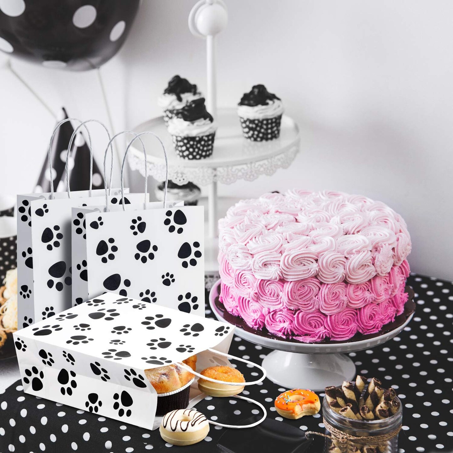 20 Pieces Puppy Dog Paw Print Gift Bags with Paper Twist Handles, Dog Gift Bags Paper Paw Print Treat Goodie Bags for PET Treat Party Favor, 6.3 x 3.1 x 8.6 Inch (White Backing)