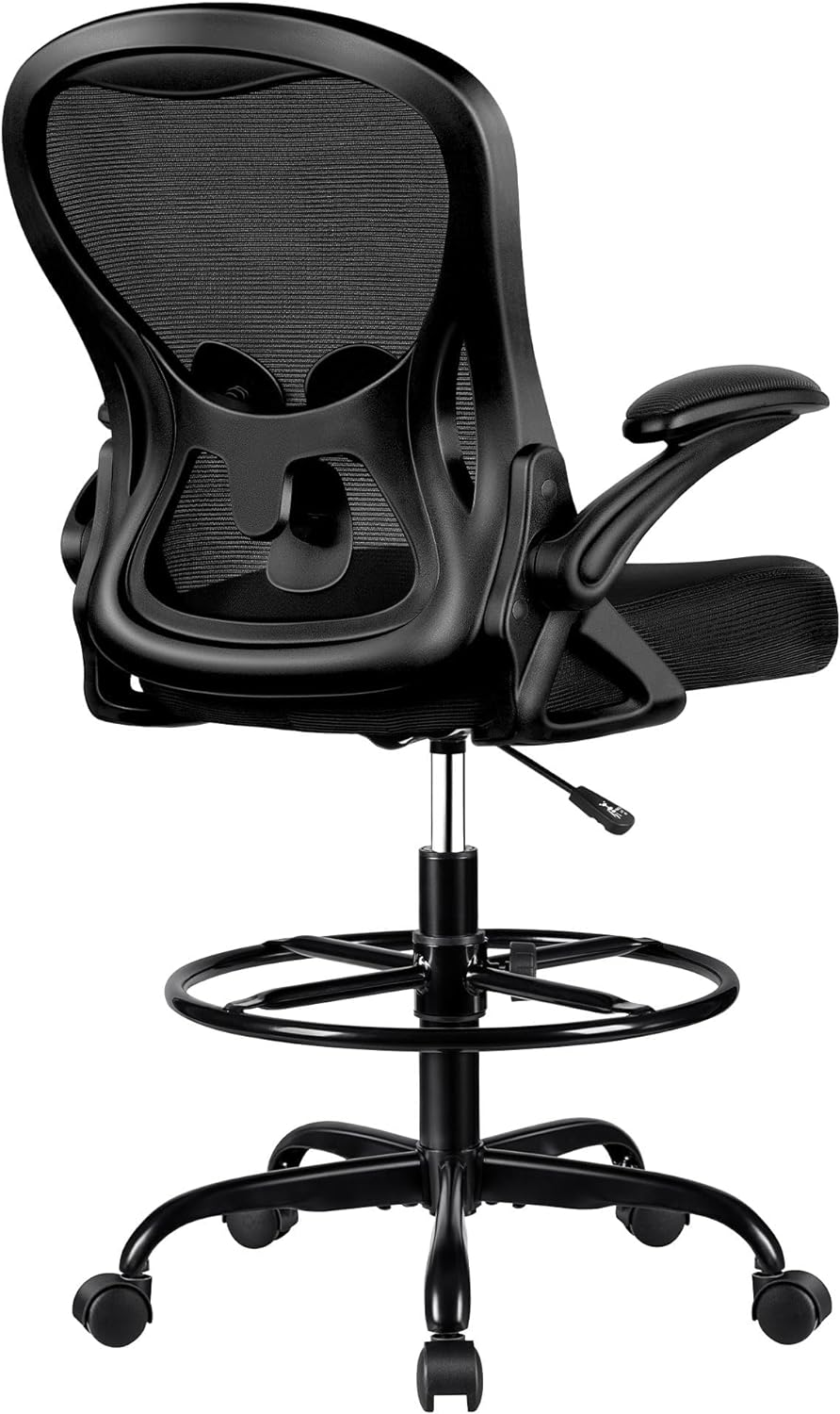 Drafting Chair, Tall Office Chair Ergonomic Standing Desk Chair, Lumbar Support Computer Chair Swivel Task Rolling Chair with Adjustable Flip-up Armrests &#x26; Foot Ring (Black)