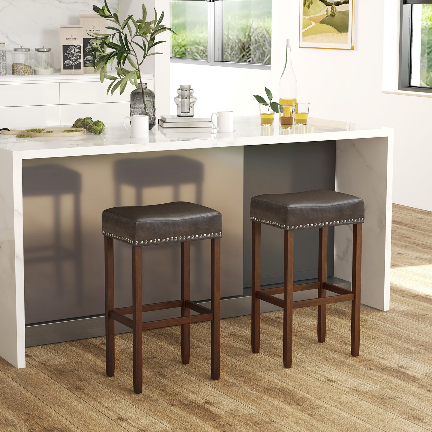 Upholstered Bar Stools Set Of 2 With Footrests For Counter