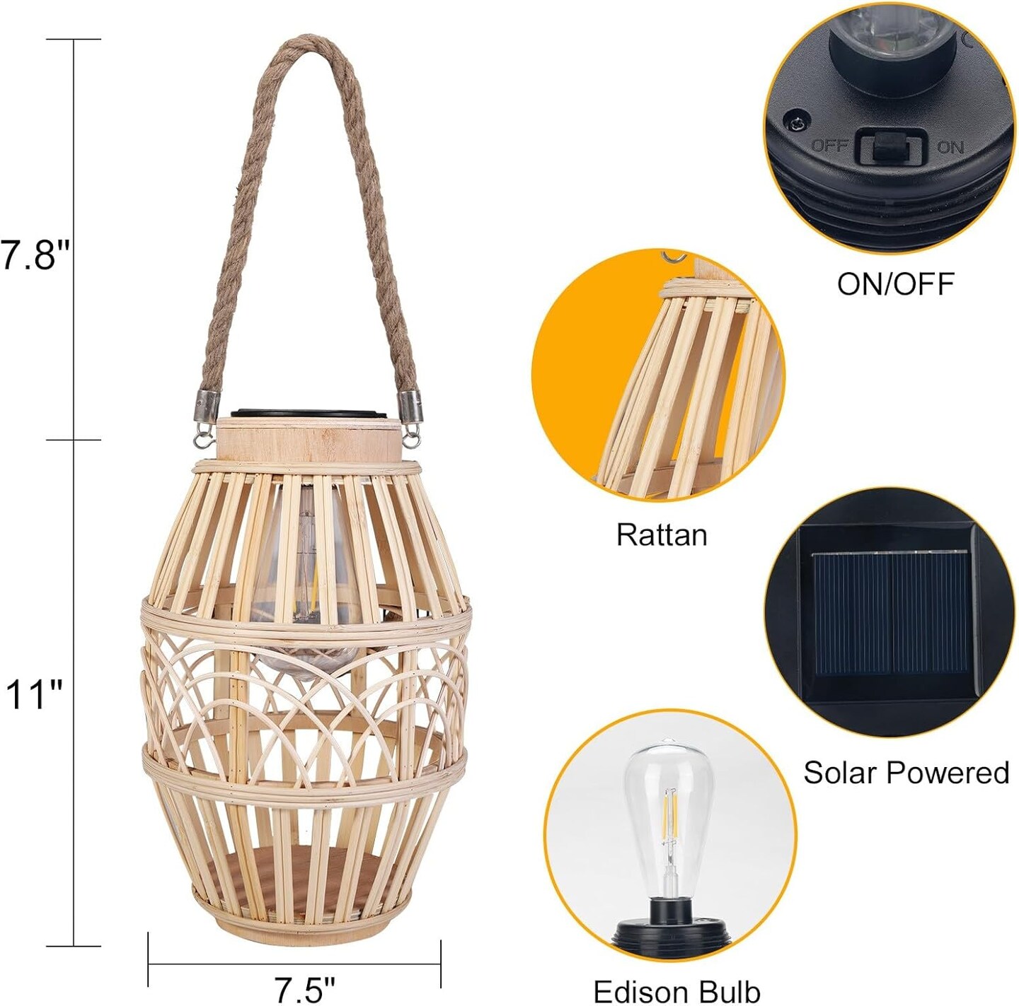 Rattan Natural Outdoor Solar Lantern with Handle for Patio, Yard, Garden, Wedding, and Home Decoration; Edison Bulb, Auto On/Off (Style 3)