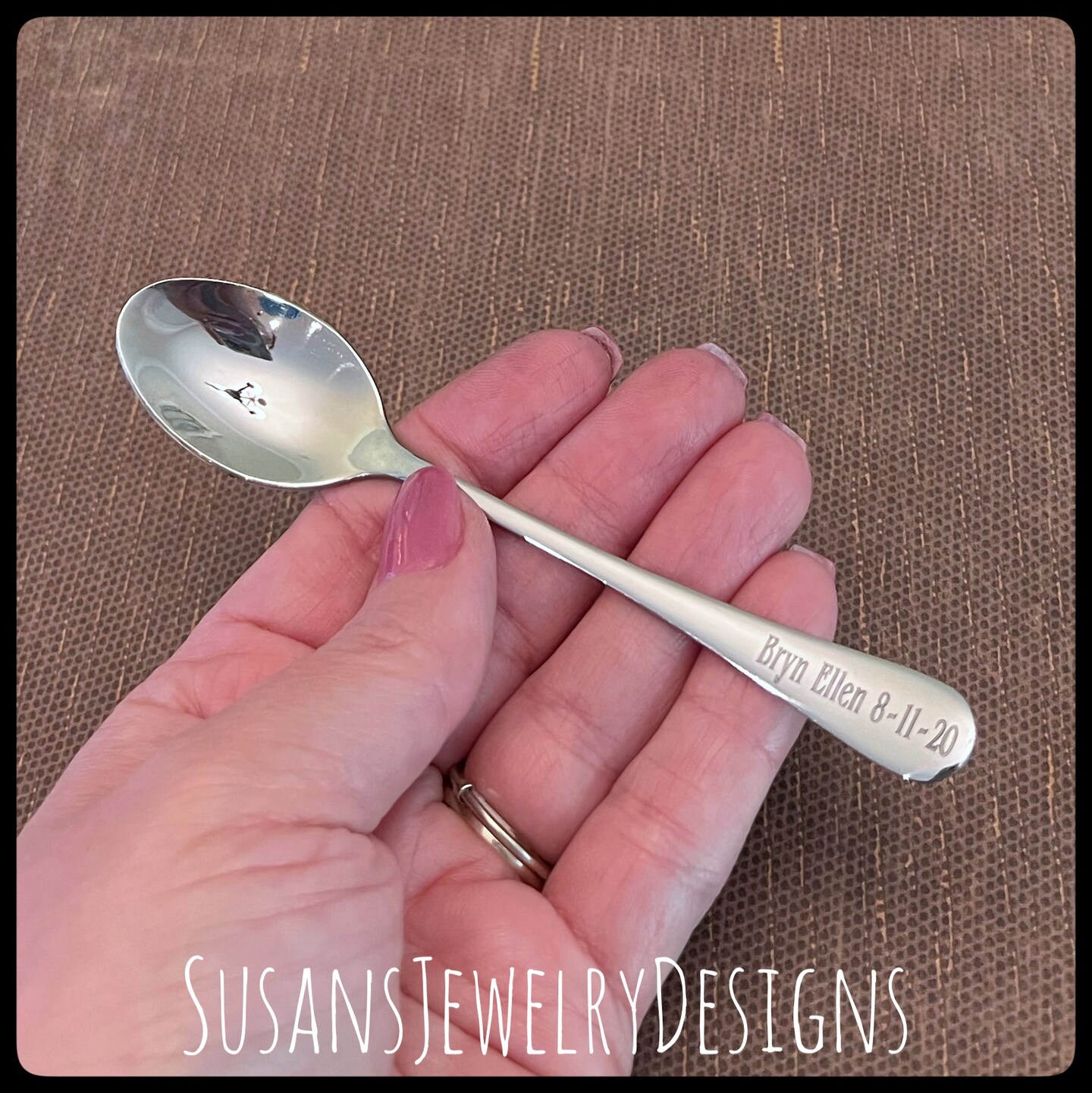 Engraved baby spoon, baby shower gift, new mom baby, name date spoon, personalized, custom wording, unisex, silver stainless steel, benguiat product 4