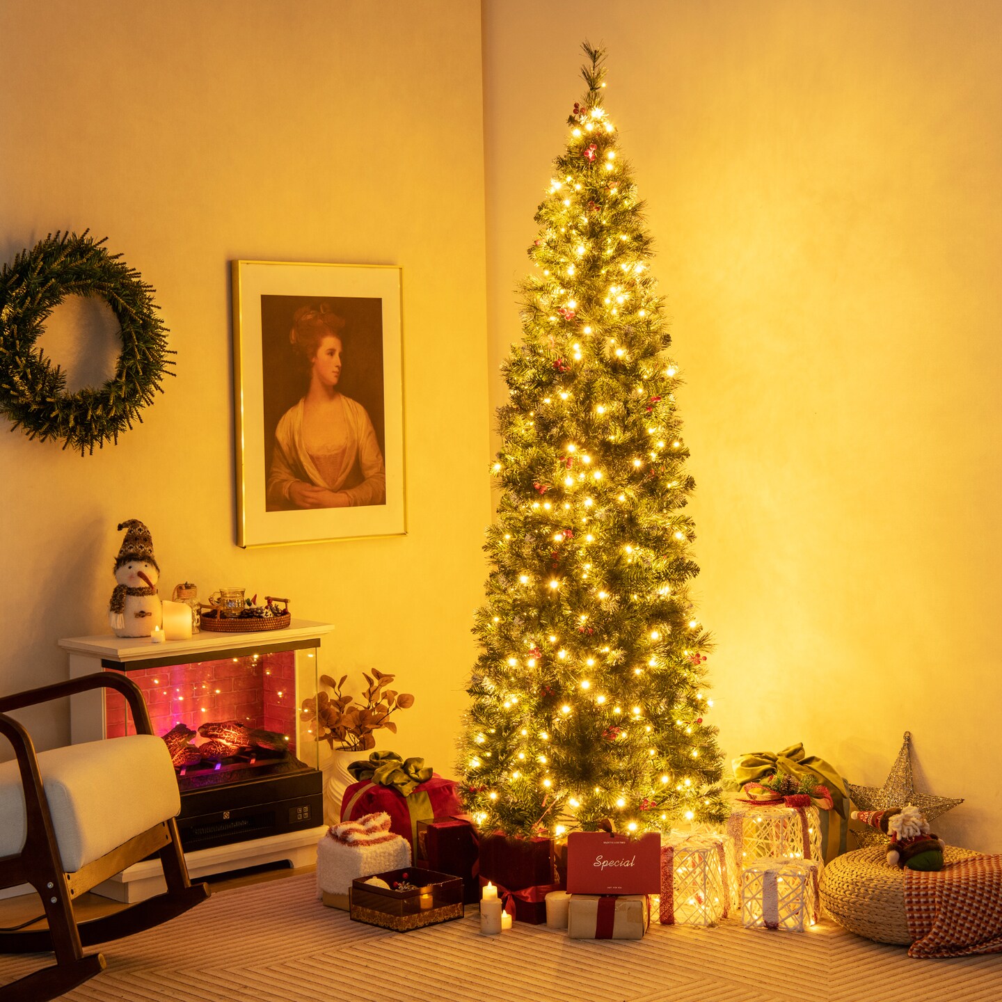 Pre-Lit Artificial Hinged Slim Pencil Christmas Tree