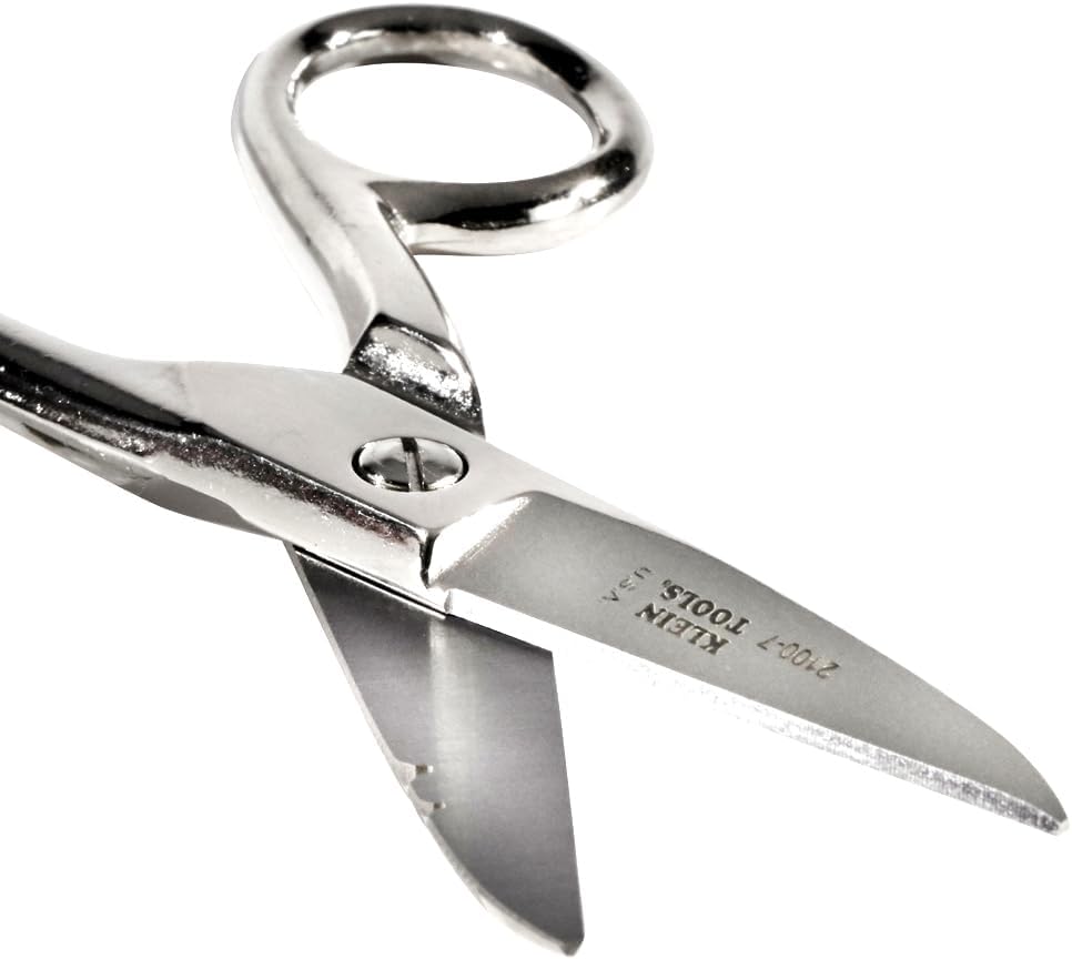 2100-7 Electrician Scissors, Made in USA, for Home Theater, Datacom, Telecom, Cuts, Crimps, Strips, Nickel Plated
