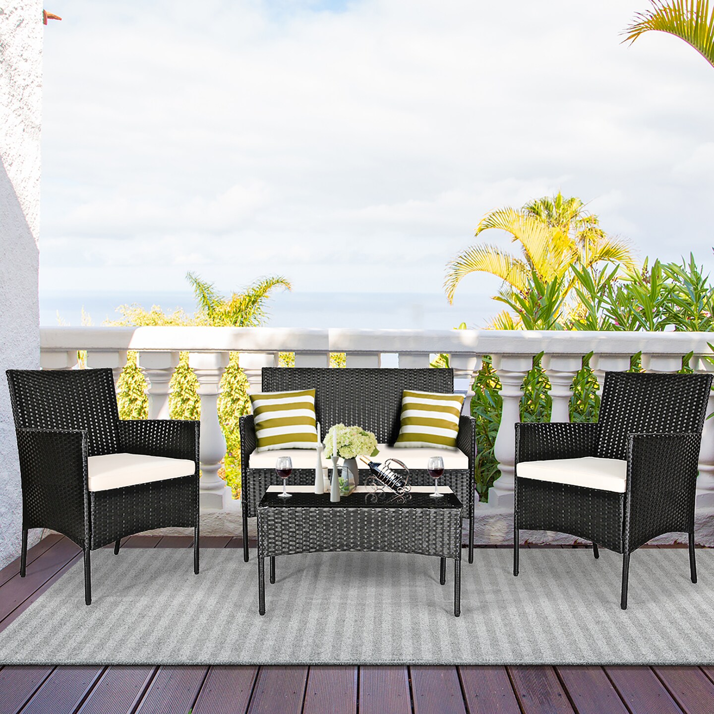 Costway 4PCS Patio Furniture Set Rattan Wicker Conversation Set Outdoor