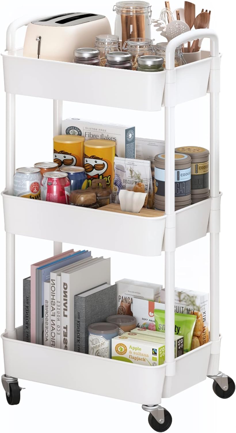 3-Tier Plastic Rolling Utility Cart with Handle, Multi-Functional Storage Trolley for Office, Living Room, Kitchen, Movable Storage Organizer with Wheels, White