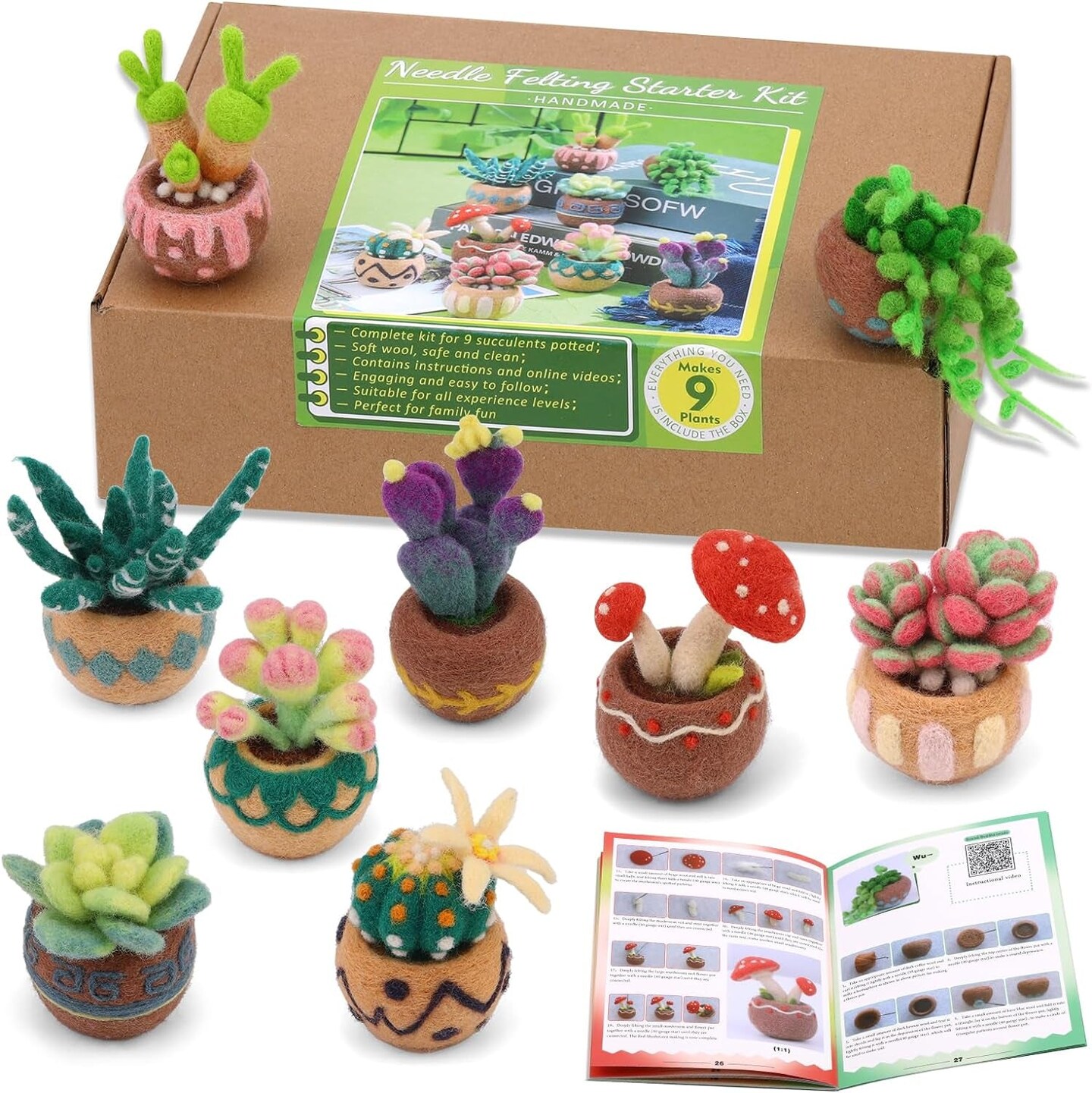 Needle Felting Kit, 9 PCS Succulent Needle Felting Beginner Kits, Wool Felting Kit Including Wool Roving, Felting Pad, Felting Needles and Instructions for DIY Felting Starters