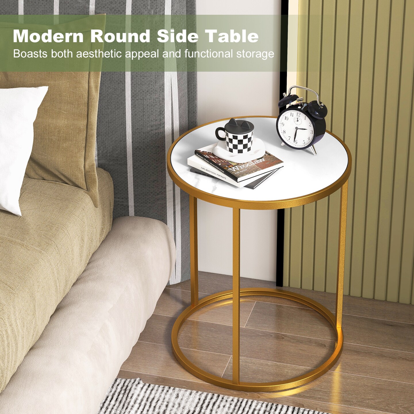 Marble Top Round Side Table 16-inch End Table With Golden Metal Frame