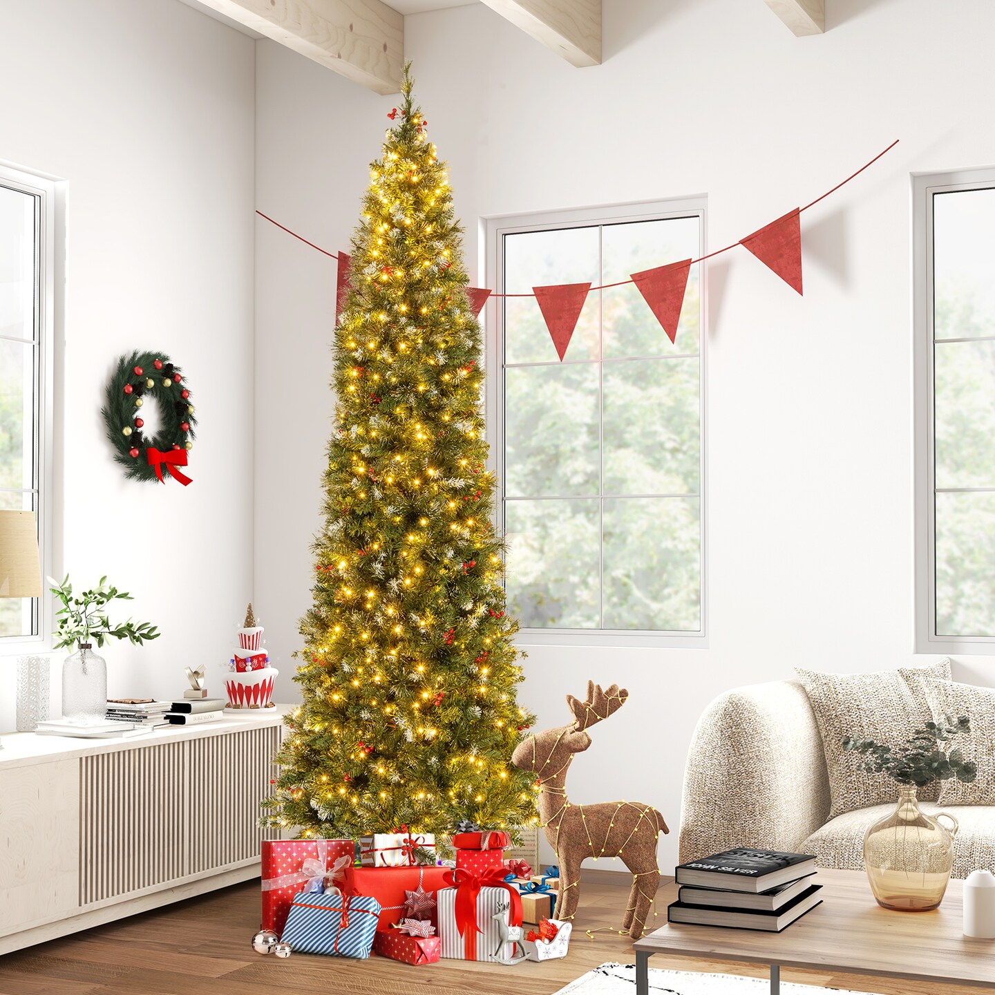 Pre-Lit Artificial Hinged Slim Pencil Christmas Tree