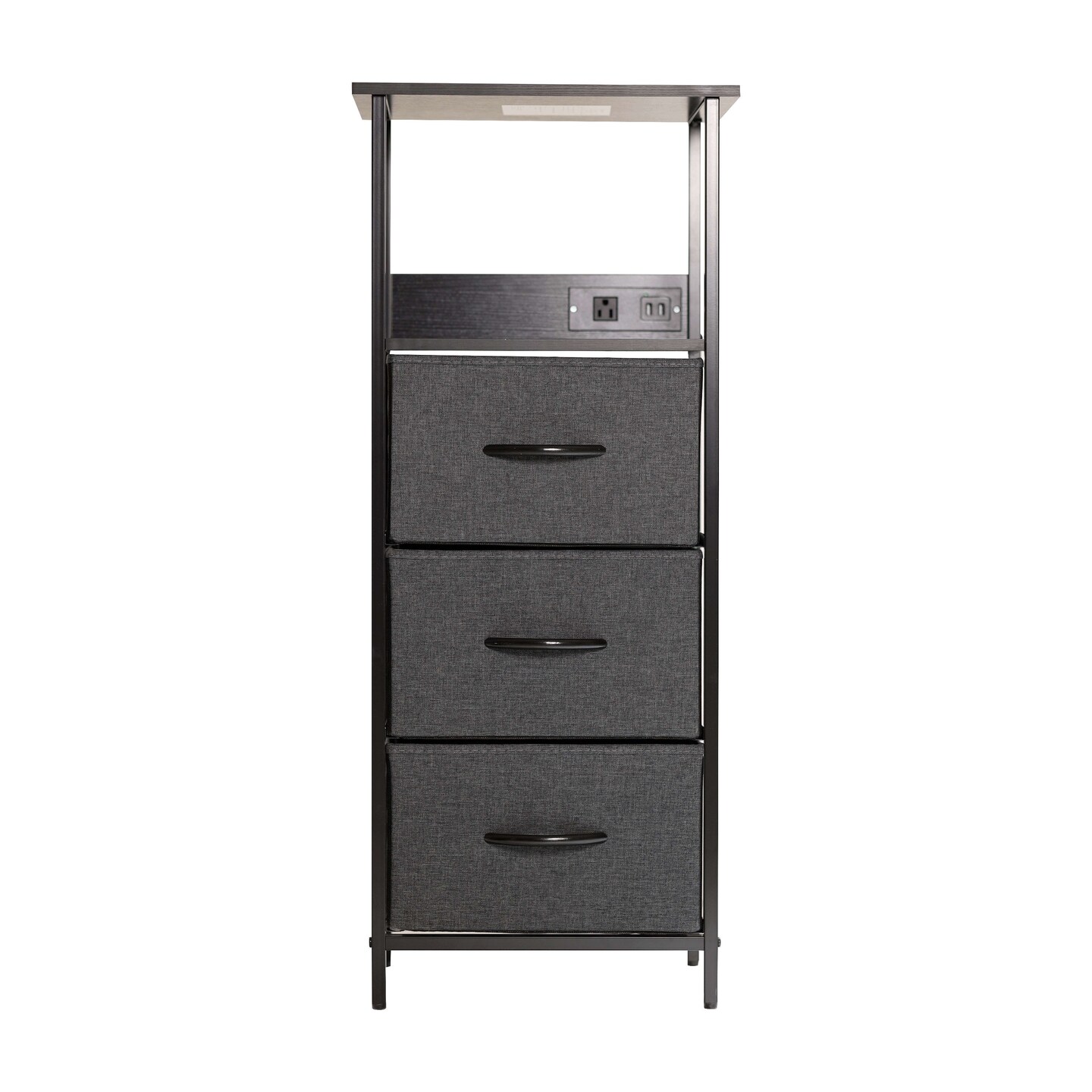 Emma and Oliver Hermes Nightstand with 3 Fabric Drawers, Charging Station with 2 USB Ports/Power Outlet, Engineered Wood Top, Wood Handles, Metal Frame