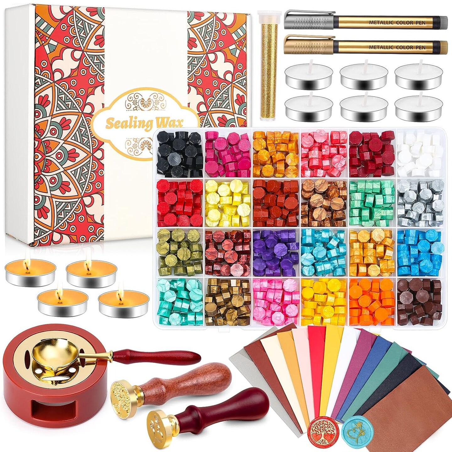 Sealing Wax Kit with Wax Seal Beads, Wax Seal Stamp, Wax Seal Warmer, Wax Spoon, Envelopes and Tealight Candles for Letter Sealing