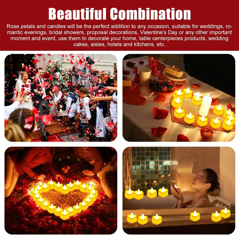 1000Pcs Artificial Rose Petals + 24Pcs LED Heart Light Candles Romantic Propose