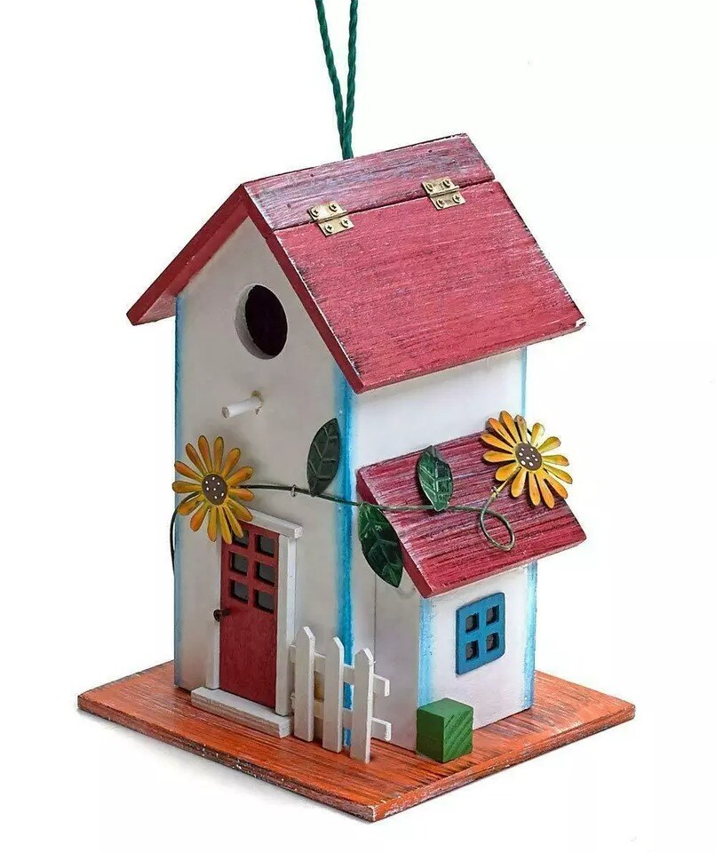 Hand-painted Wooden Birdhouse with Flowers Outdoor Garden Decor