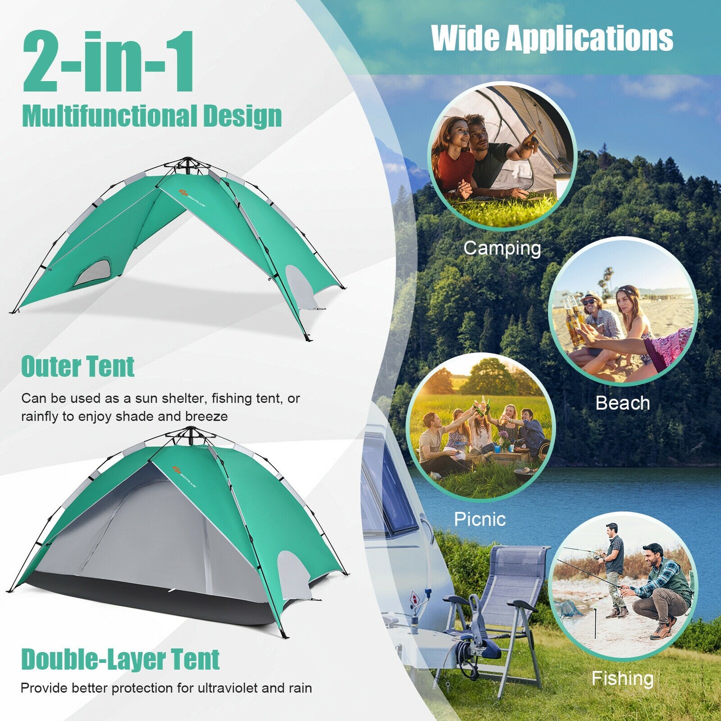 2-in-1 4 Person Instant Pop-up Waterproof Camping Tent