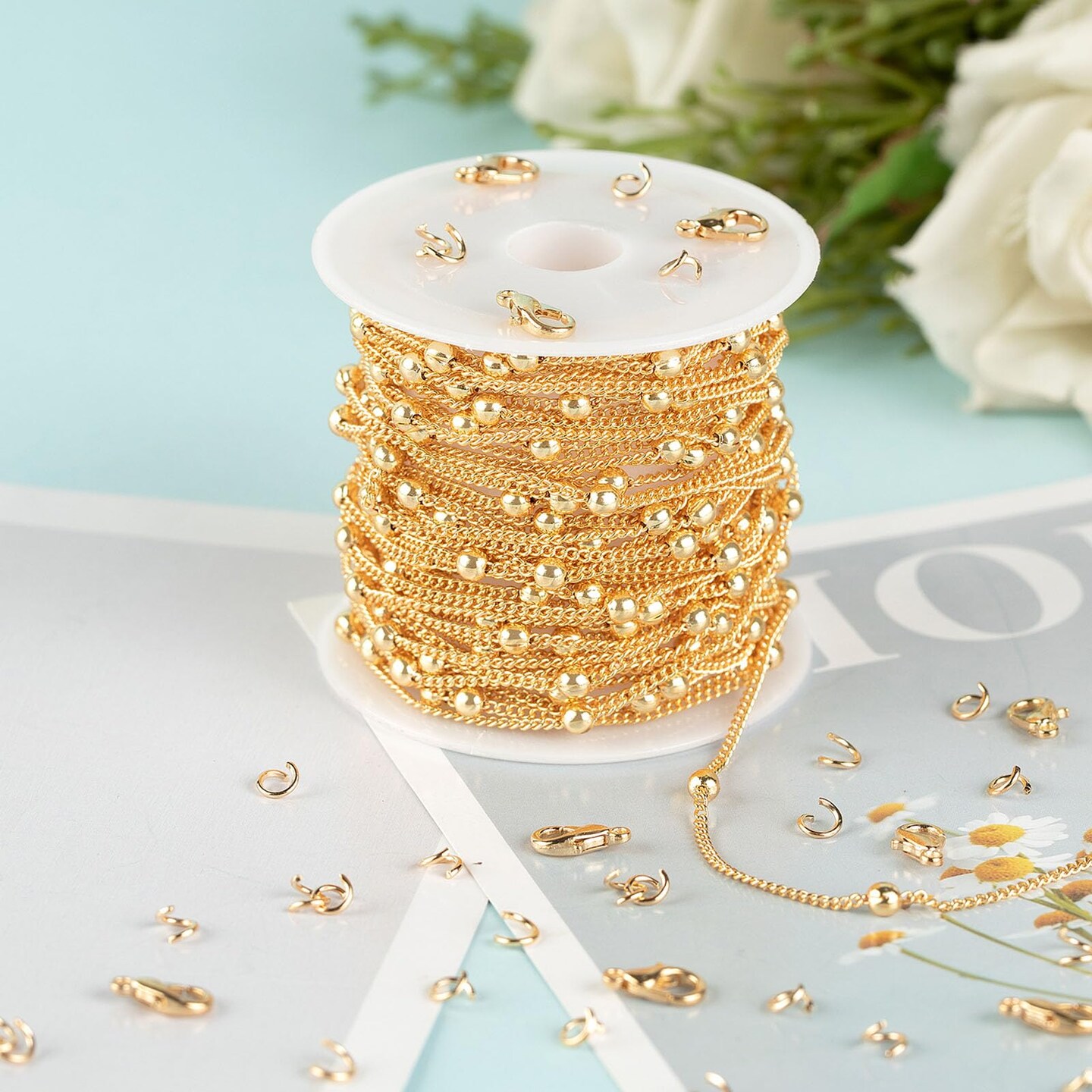 16.4 Feet/5 Meters 18K Gold Plated Brass Chain for Jewelry Making, Light Gold Beaded Necklace Chain for Women Twisted Curb Link Chain Jewelry Supplies