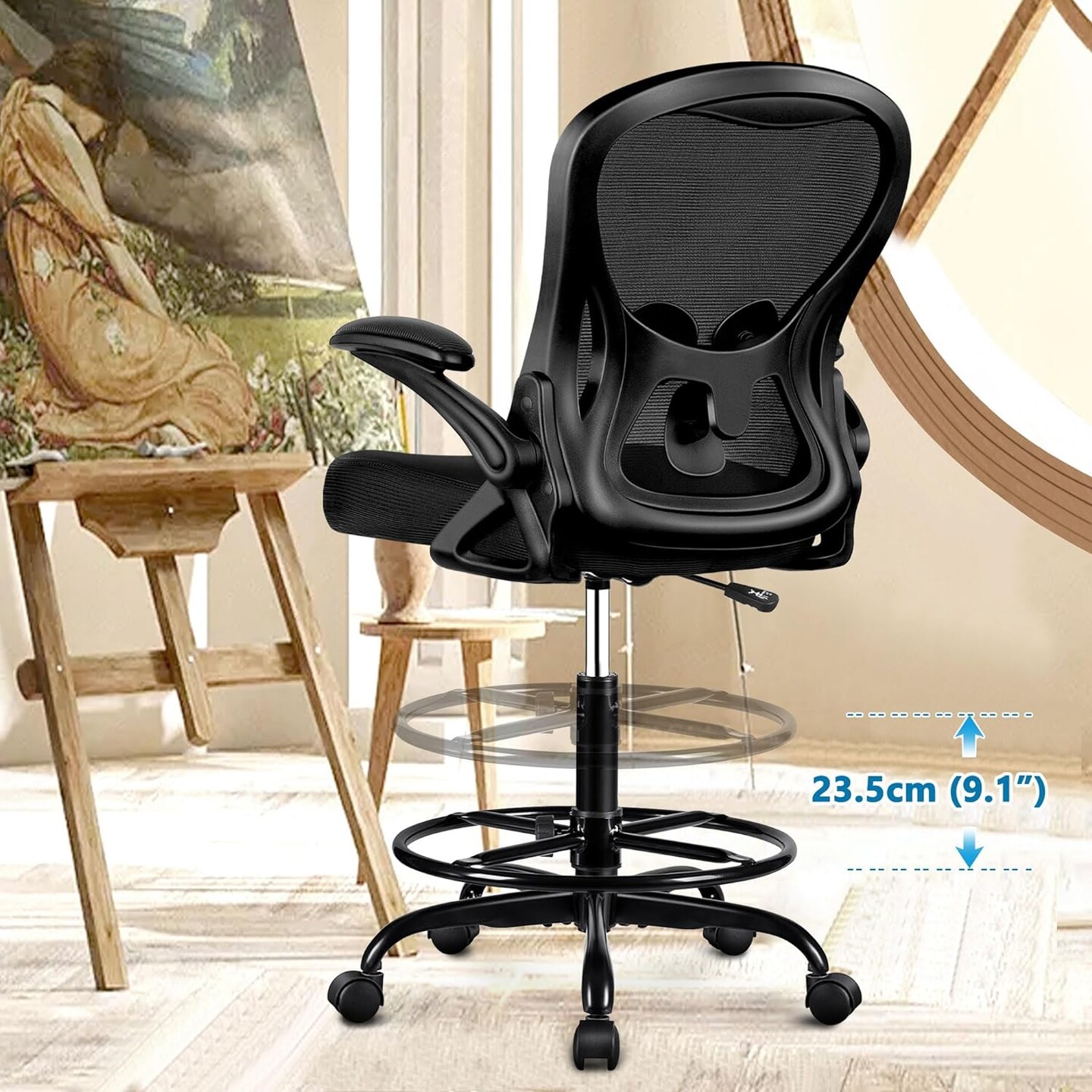 Drafting Chair, Tall Office Chair Ergonomic Standing Desk Chair, Lumbar Support Computer Chair Swivel Task Rolling Chair with Adjustable Flip-up Armrests & Foot Ring (Black)