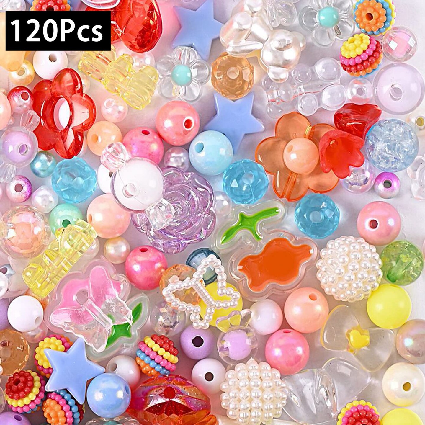 120 Pieces Acrylic Assorted Beads Mix Color Flower Heart Butterfly Candy Beads Pastel Beads Candy Color Plastic Beads Cute Round Beads Bulk for Bracelets Jewelry Making Necklaces DIY Crafts