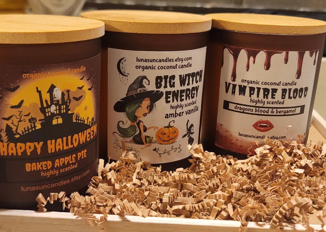 Halloween Candles- Highly Scented incased in 12 OZ. Amber Jar with wooden lid. product 4