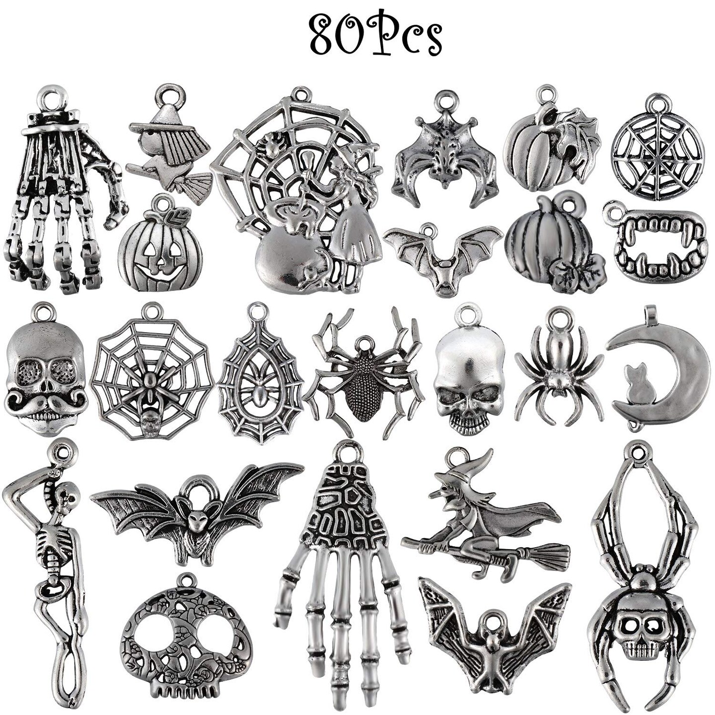 80 Pieces Halloween Charms Pendants Antique Silver Pendants Halloween Jewelry Making Accessory for DIY Necklace Bracelet