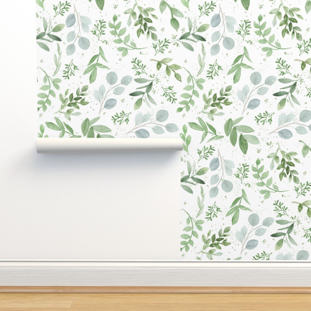 Watercolor Leaves Pattern Eucalyptus Sage Green Greenery Custom Removable Wallpaper by Spoonflower Peel & Stick Wallpaper 2FT Wide