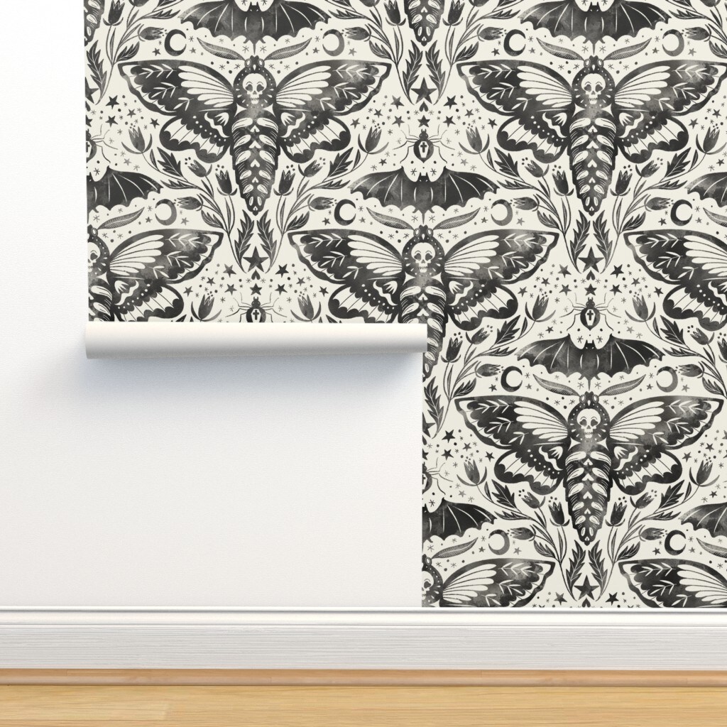 Black And White Moth Bat Flower Stars Ink Watercolor Moon Ghosts October Gothic Halloween Custom Removable Wallpaper by Spoonflower Peel & Stick Wallpaper 2FT Wide