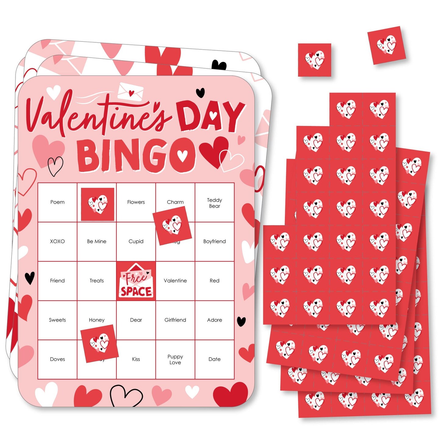 Big Dot of Happiness Happy Valentine's Day - Bingo Cards and Markers - Valentine Hearts Party Shaped Bingo Game - Set of 18