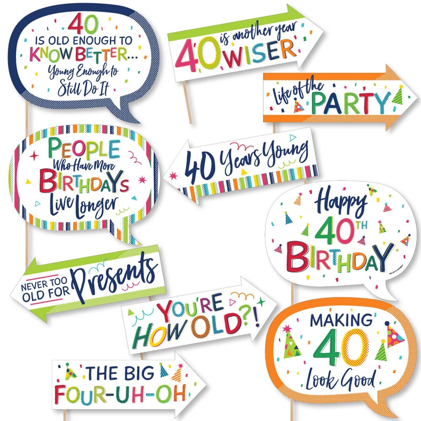 Big Dot of Happiness Funny 40th Birthday - Cheerful Happy Birthday - Colorful Fortieth Birthday Party Photo Booth Props Kit - 10 Piece