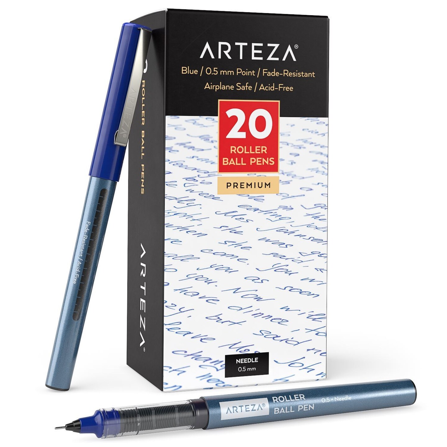 Arteza Roller Ball Pens, Blue Ink, 0.5 mm Needle Point - 20 Pack