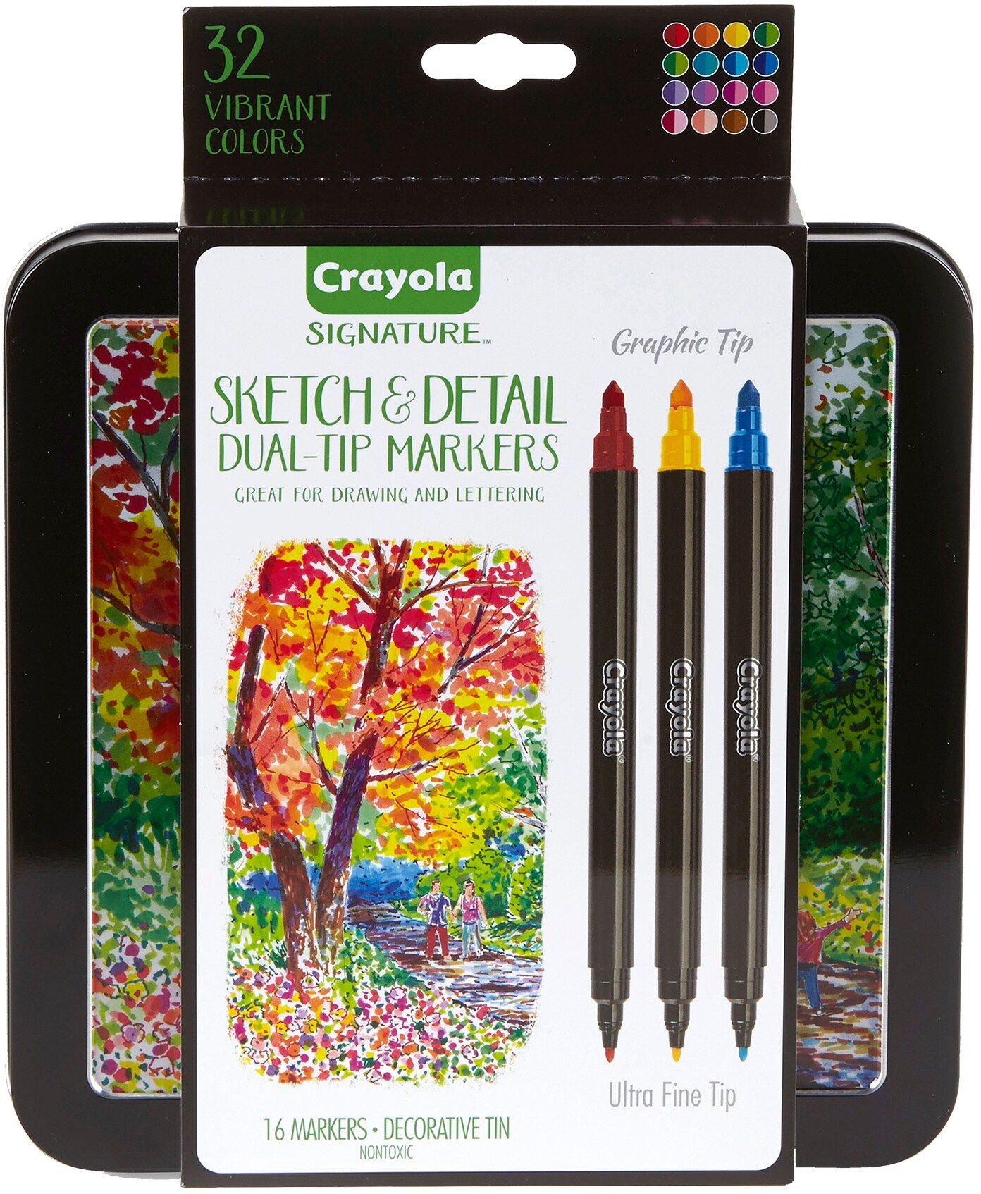 Crayola Signature Sketch &#x26; Detail Dual-Tip Markers W/Tin-Assorted Colors 16/Pkg