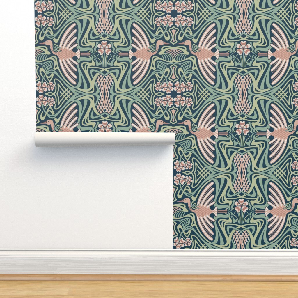 Art Nouveau Crane Green Pink Deco Mint Mauve Emerald Large Scale Custom Removable Wallpaper by Spoonflower Peel & Stick Wallpaper 2FT Wide
